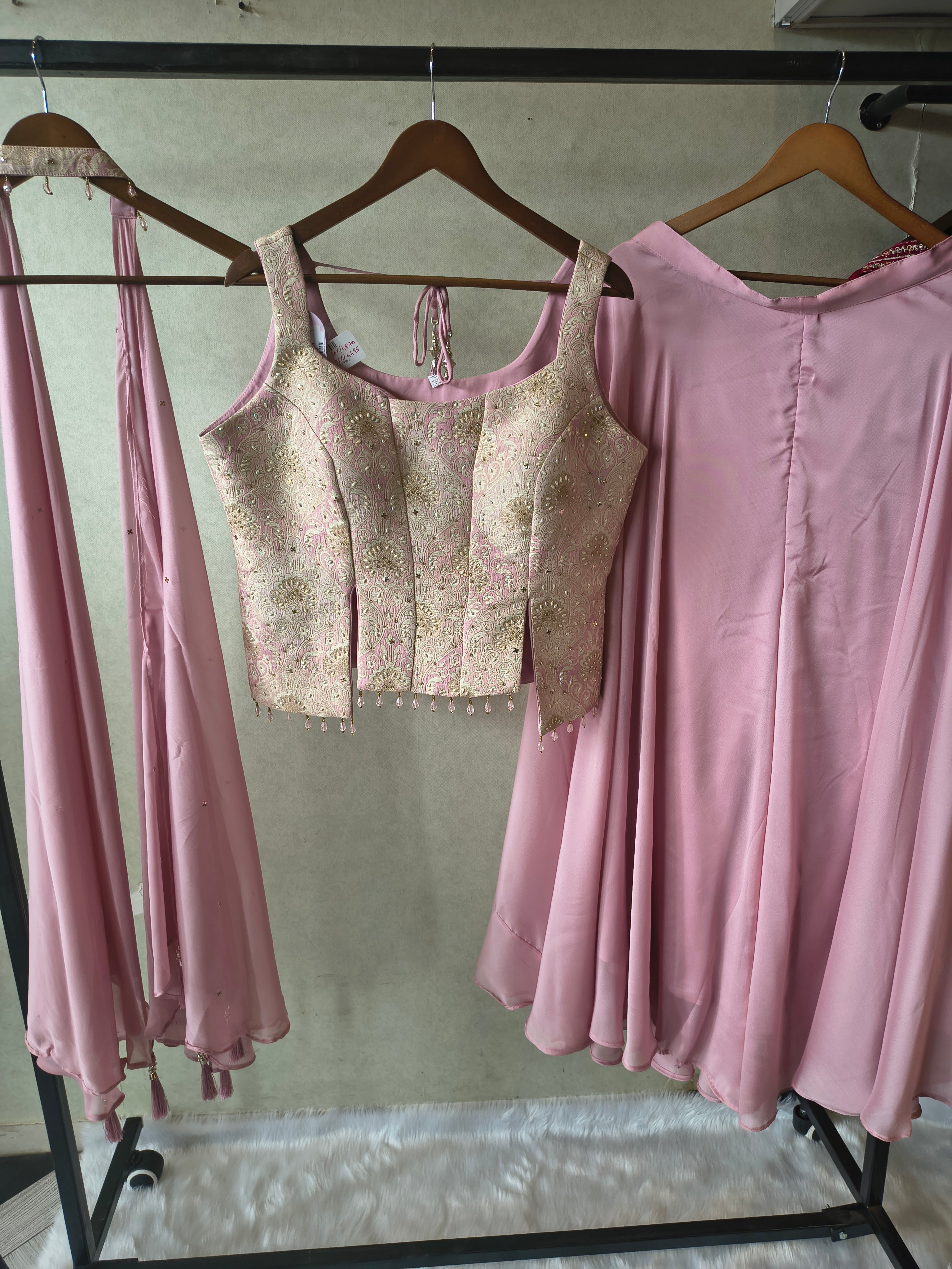 Image of Premium Blush Pink 3-Piece Designer Lehenga Set with Brocade Embroidered Blouse & Tassel Dupatta