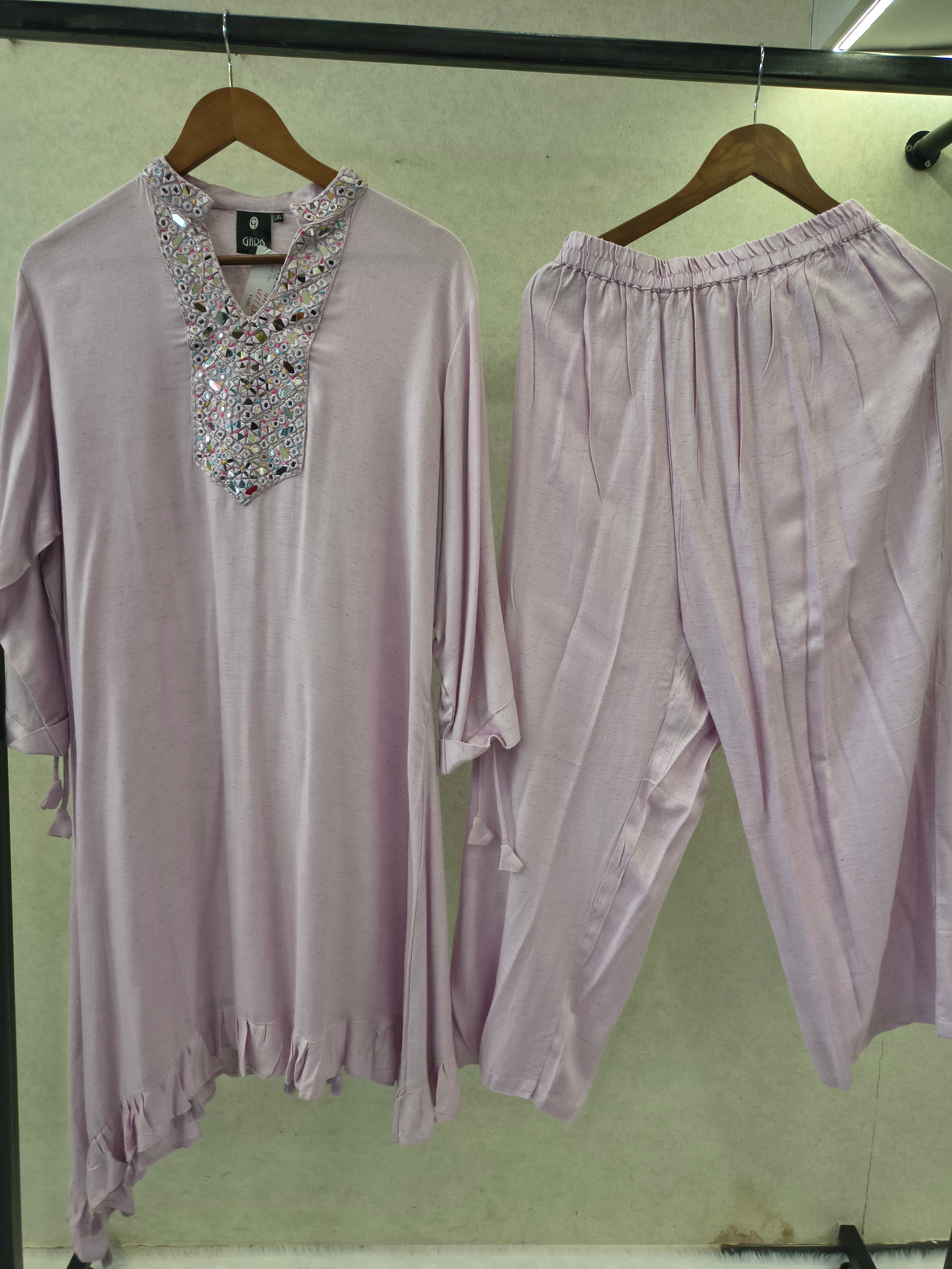 Image of Premium Lilac Mirror Work Co-Ord Kurta Set with Designer Embellished Neckline