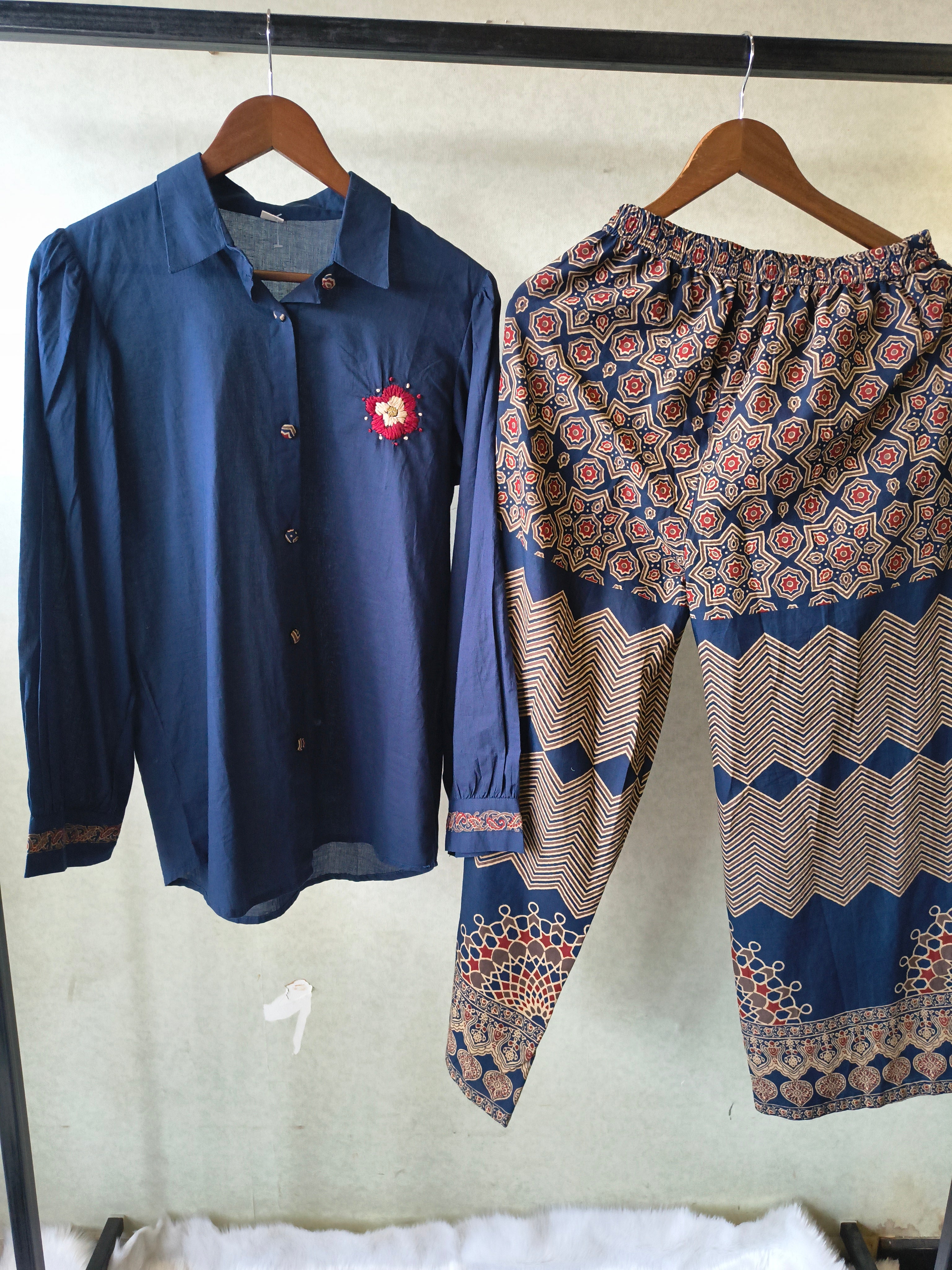 Image of Navy Blue Designer Shirt Co-Ord Set with Statement Printed Palazzo Pants