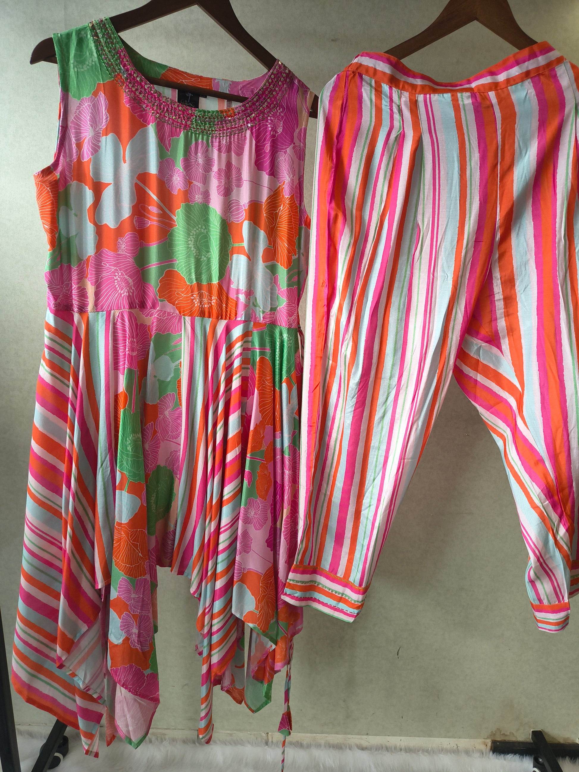 Premium Tropical Floral Handkerchief Kurta with Striped Tapered Pants Co-Ord Set