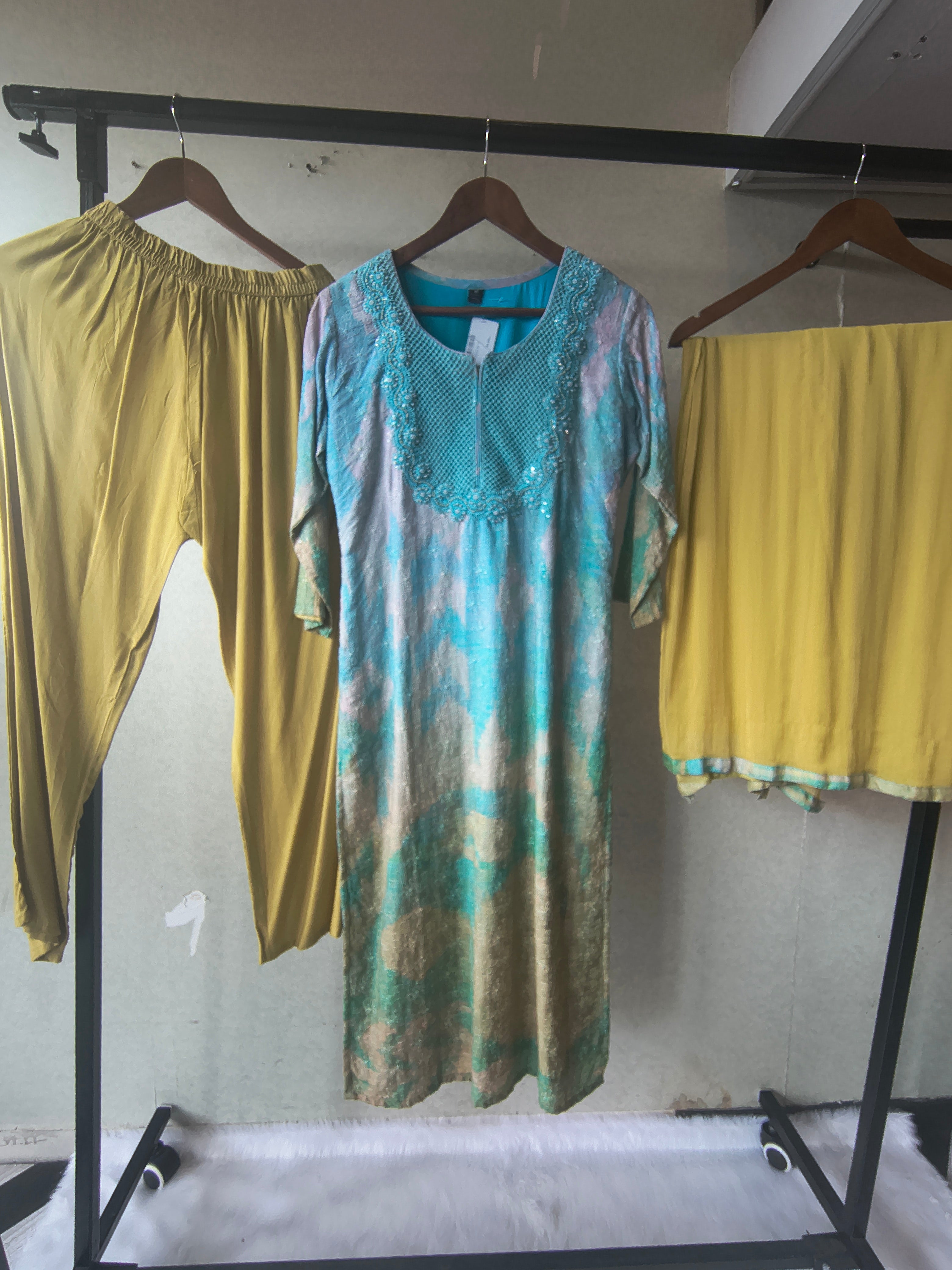 Image of Premium Aqua Blue Digital Printed Kurta Set with Embroidered Yoke & Solid Mustard Palazzo with Dupatta