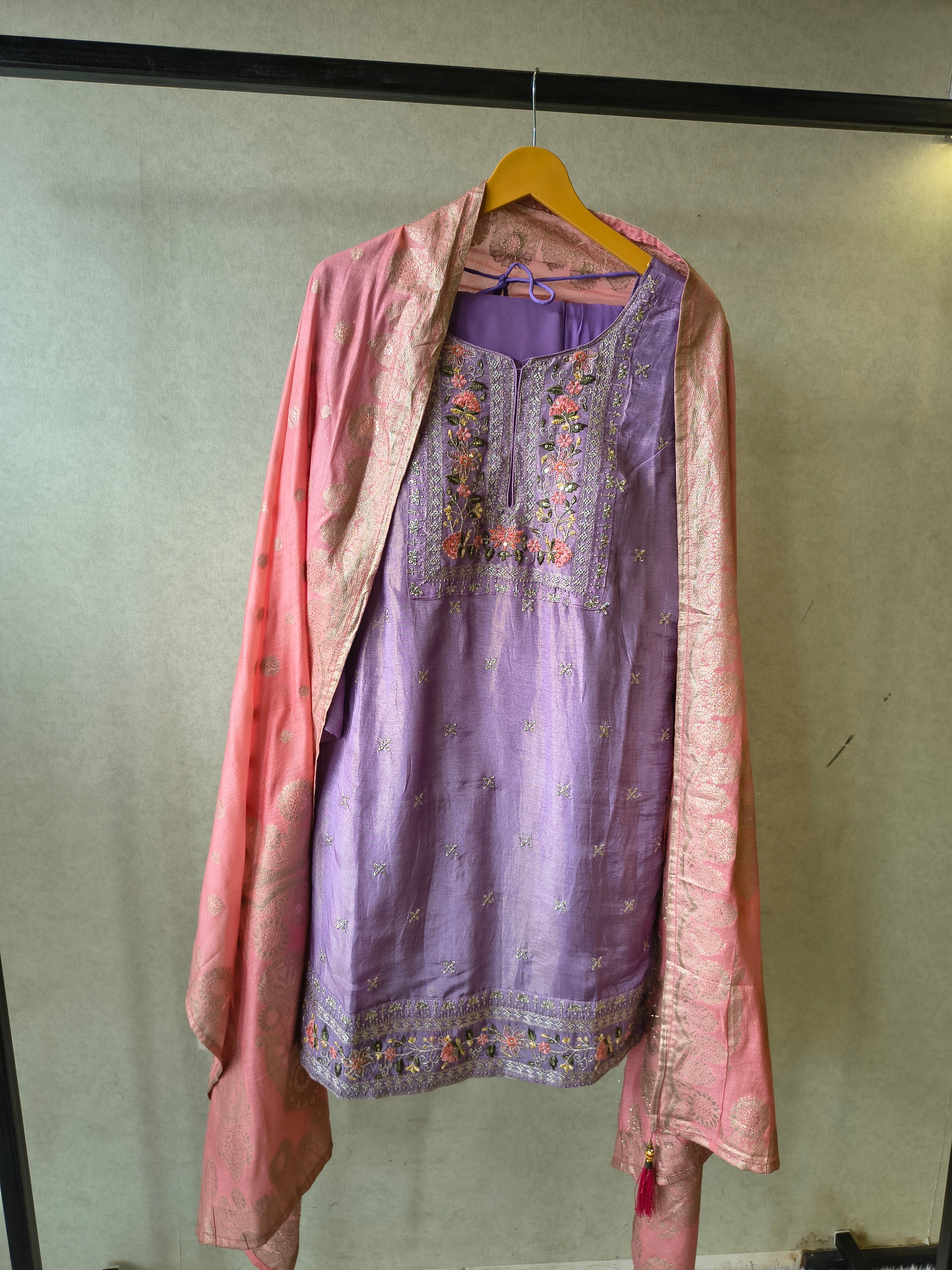 Image of Premium Lavender Embroidered Kurta with Sharara & Banarasi Dupatta Set