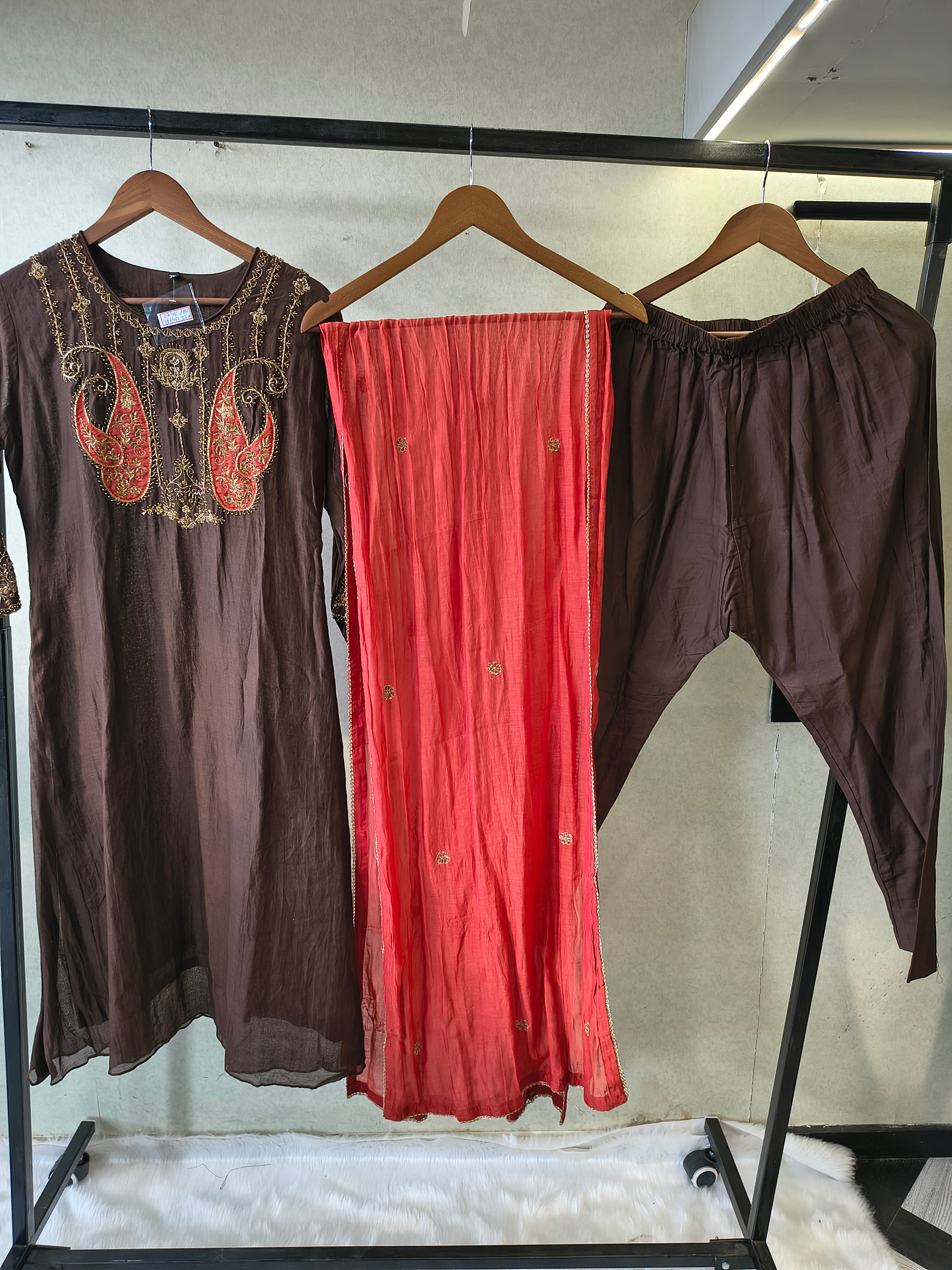Image of Midnight Black Embroidered Straight Kurta Set with Statement Paisley Yoke, Contrast Crimson Dupatta & Premium 3 Piece Ethnic Ensemble