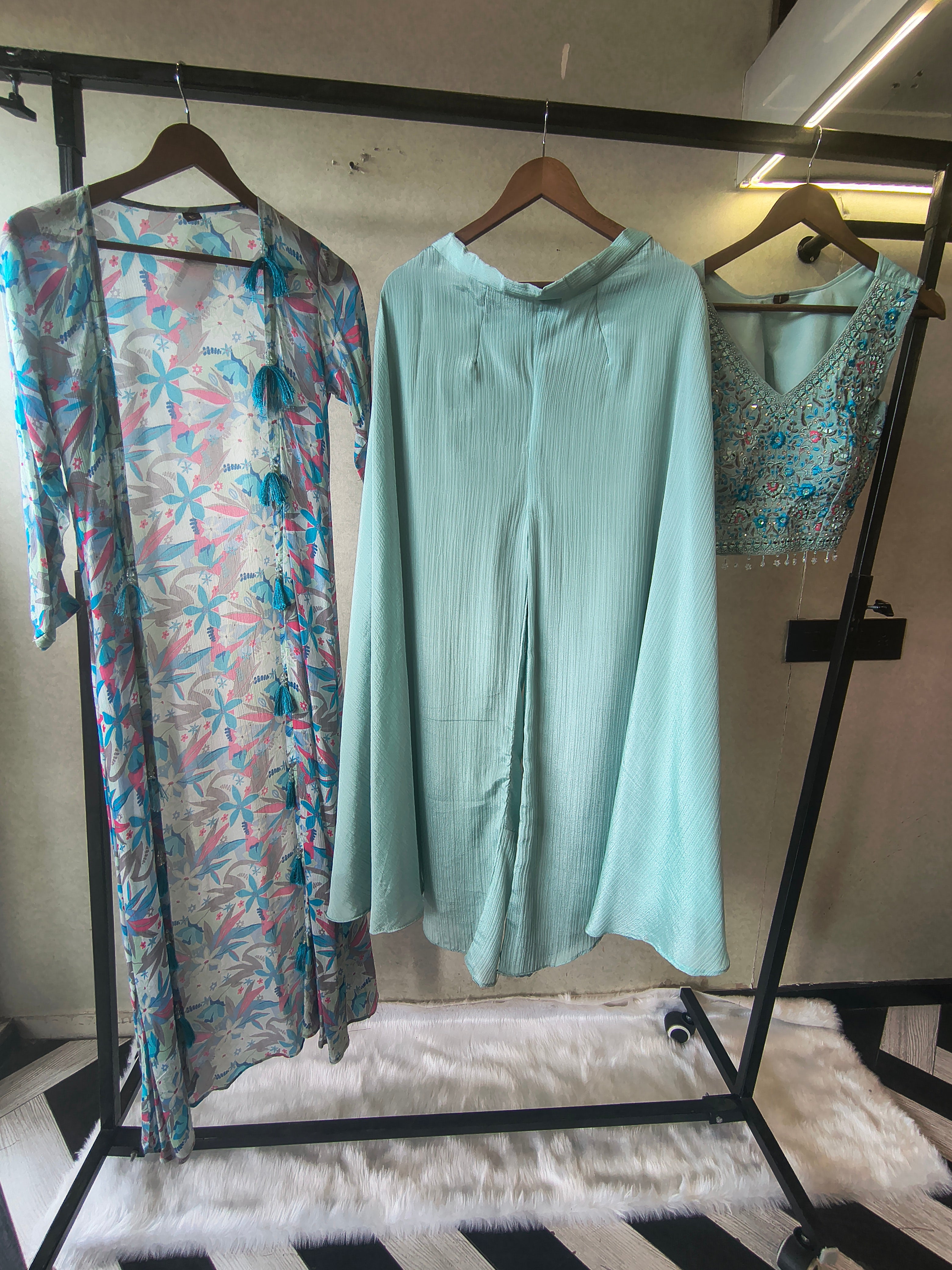 Image of Powder Blue Mirror Embroidered Blouse with Drape Palazzo & Printed Tassel Dupatta – Designer 3 Piece Indo-Western Set