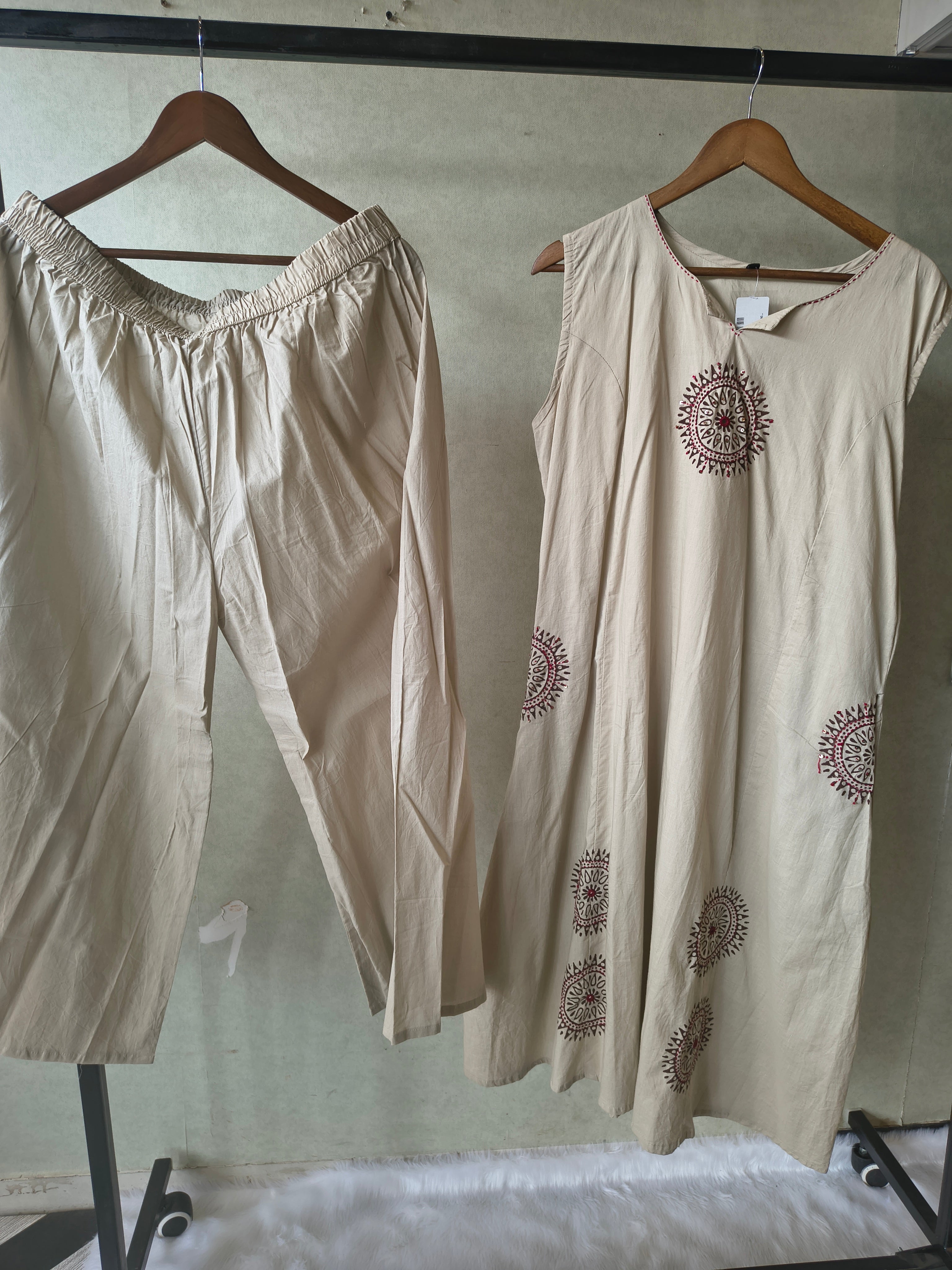Image of Premium Beige Hand Block Motif A-Line Kurta Set with Straight Pants
