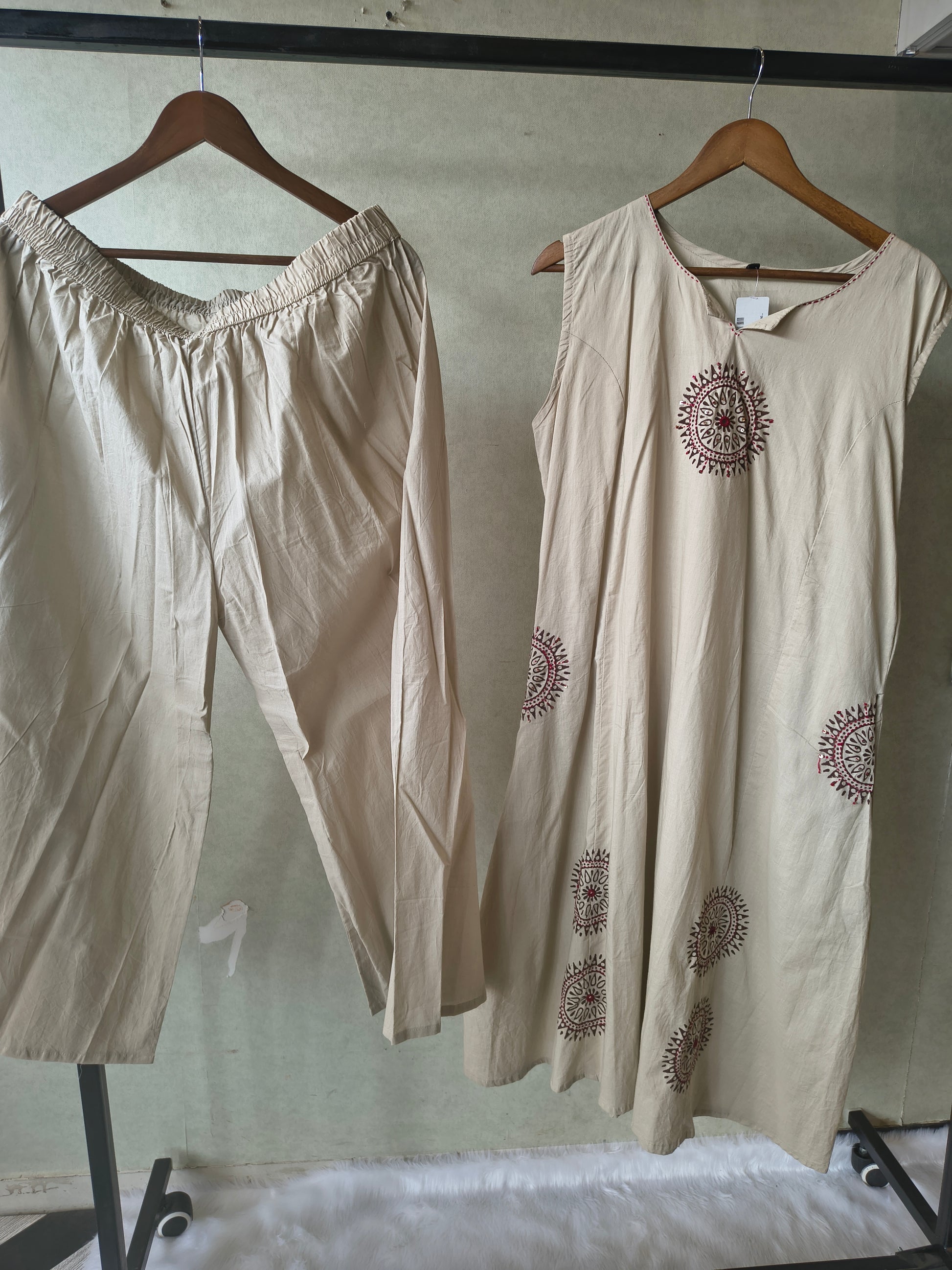 Premium Beige Hand Block Motif A-Line Kurta Set with Straight Pants
