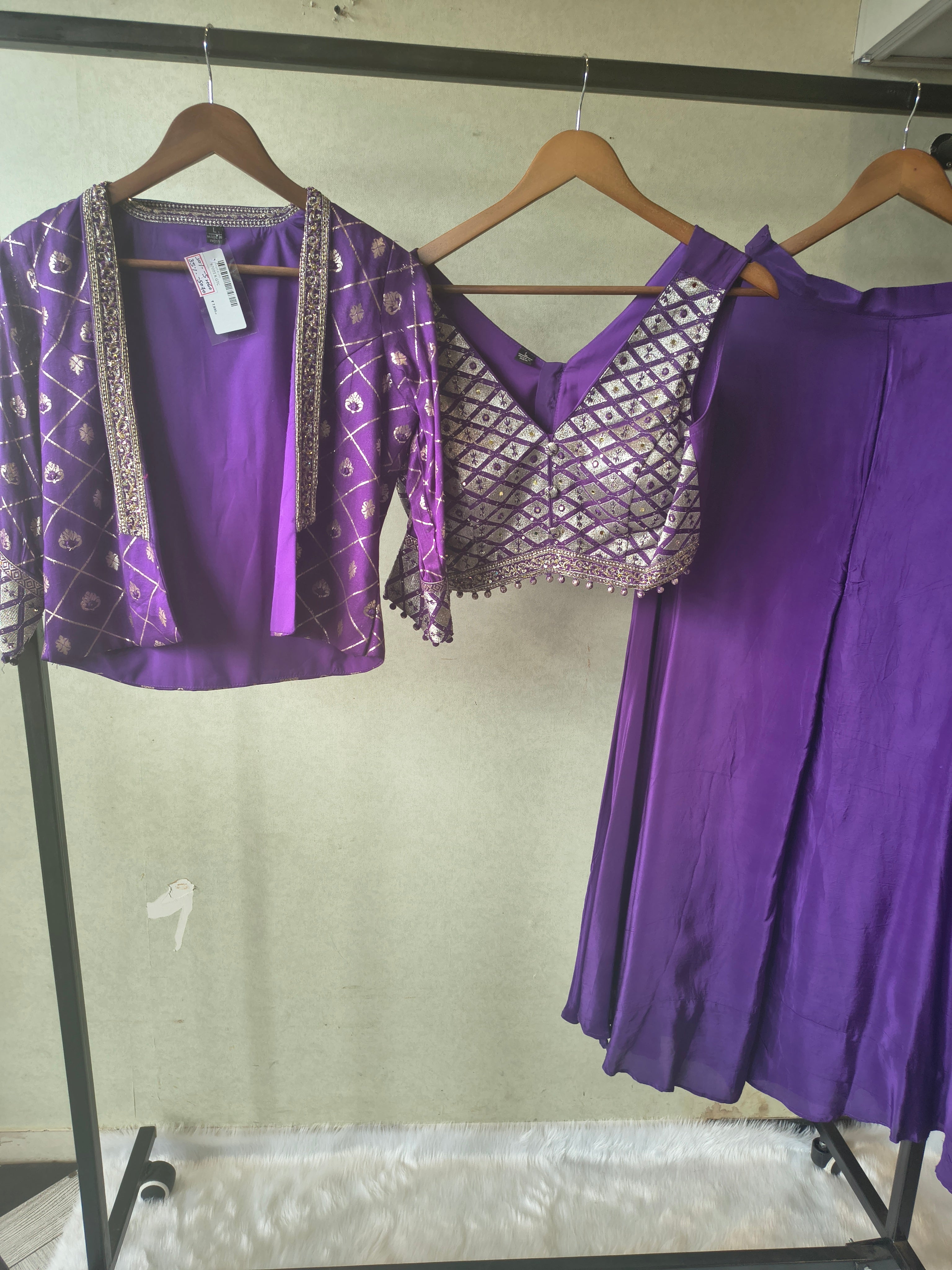 Image of Royal Purple Mirror Embellished Blouse with Printed Jacket & Flared Palazzo – 3 Piece Designer Indo-Western Set