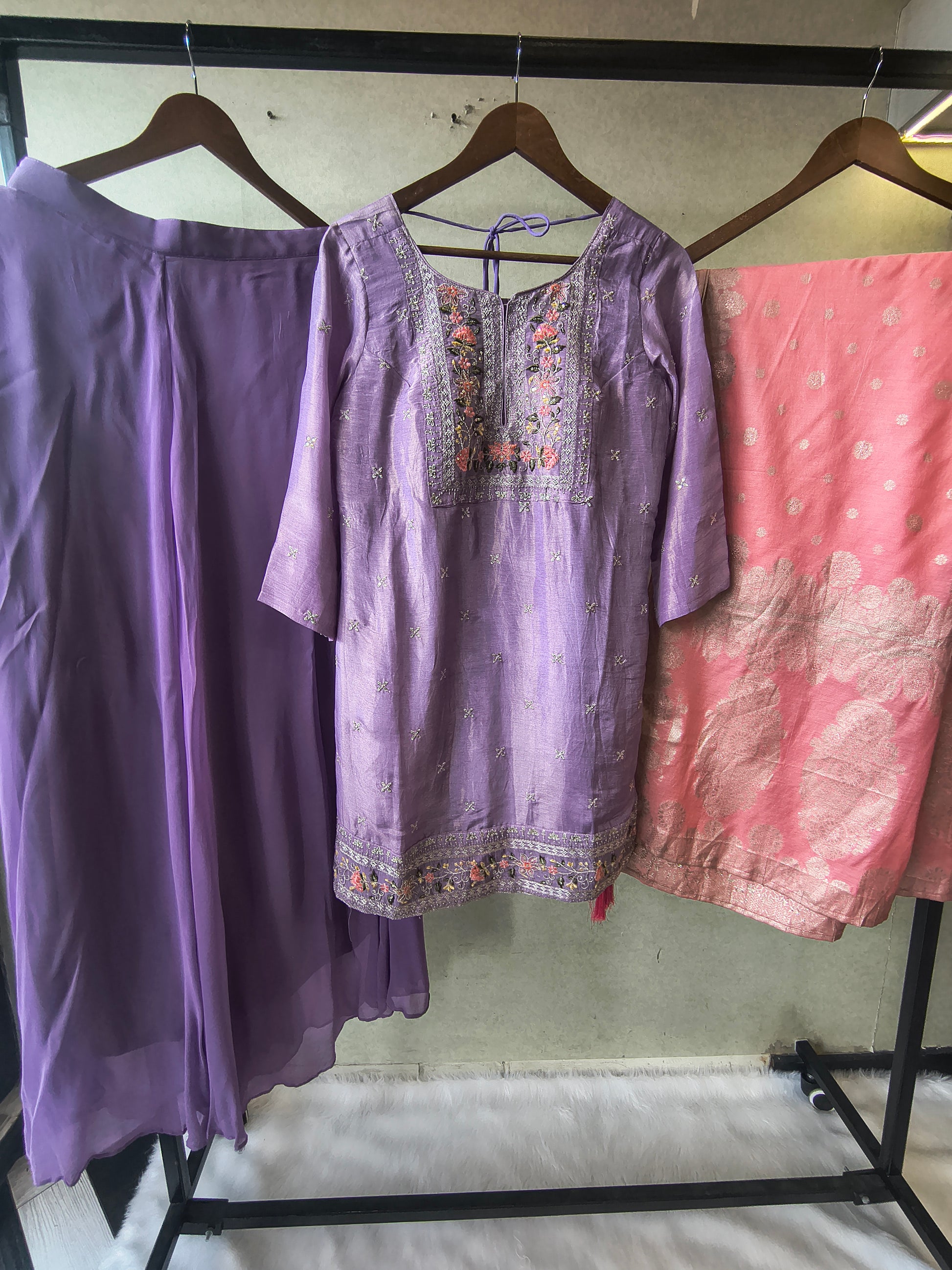 Premium Lavender Embroidered Kurta with Sharara & Banarasi Dupatta Set