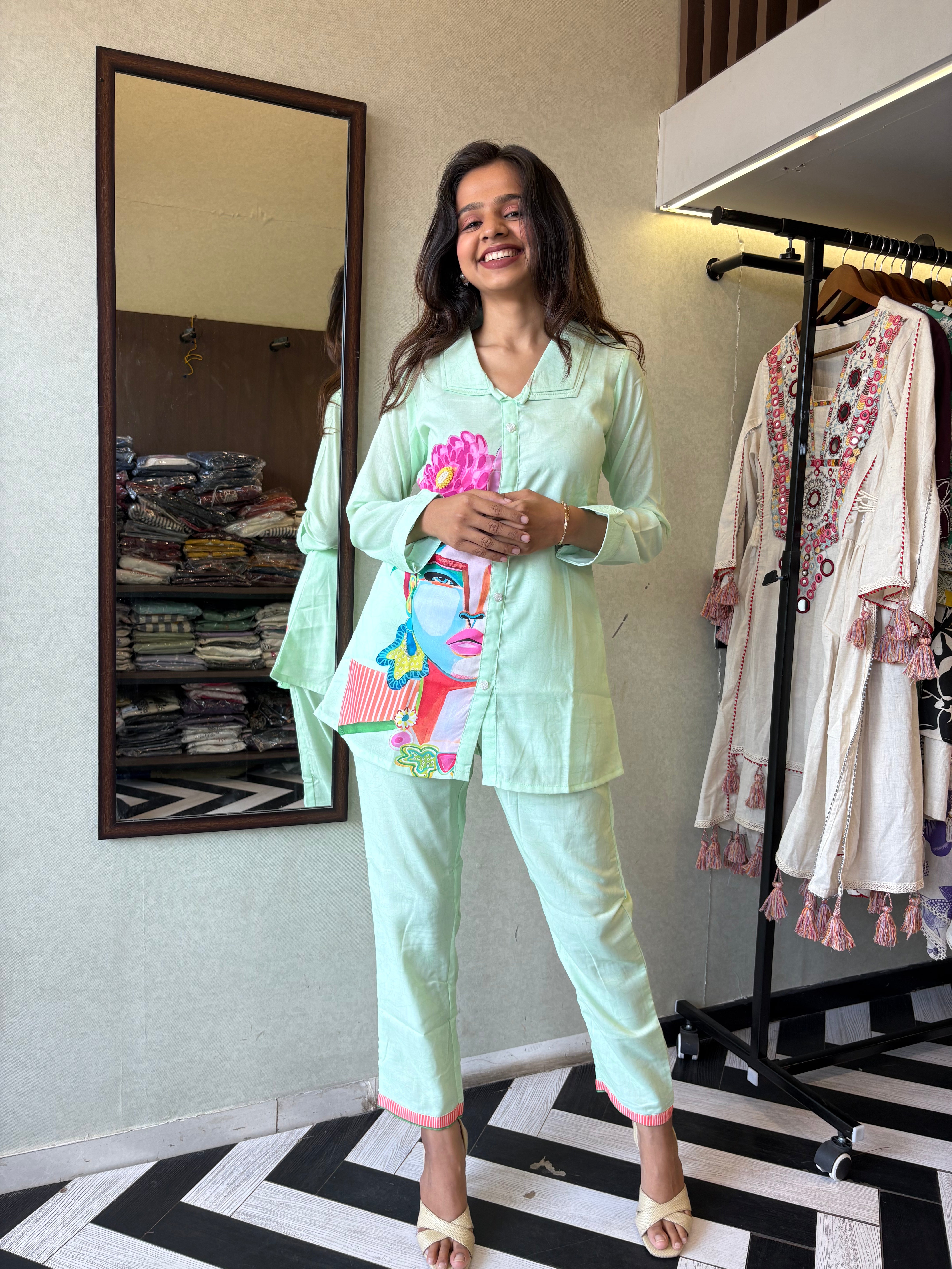 Image of Pure cotton 2-piece coord set in soothing pista color - designed with elegant prints and made for all-day comfort.