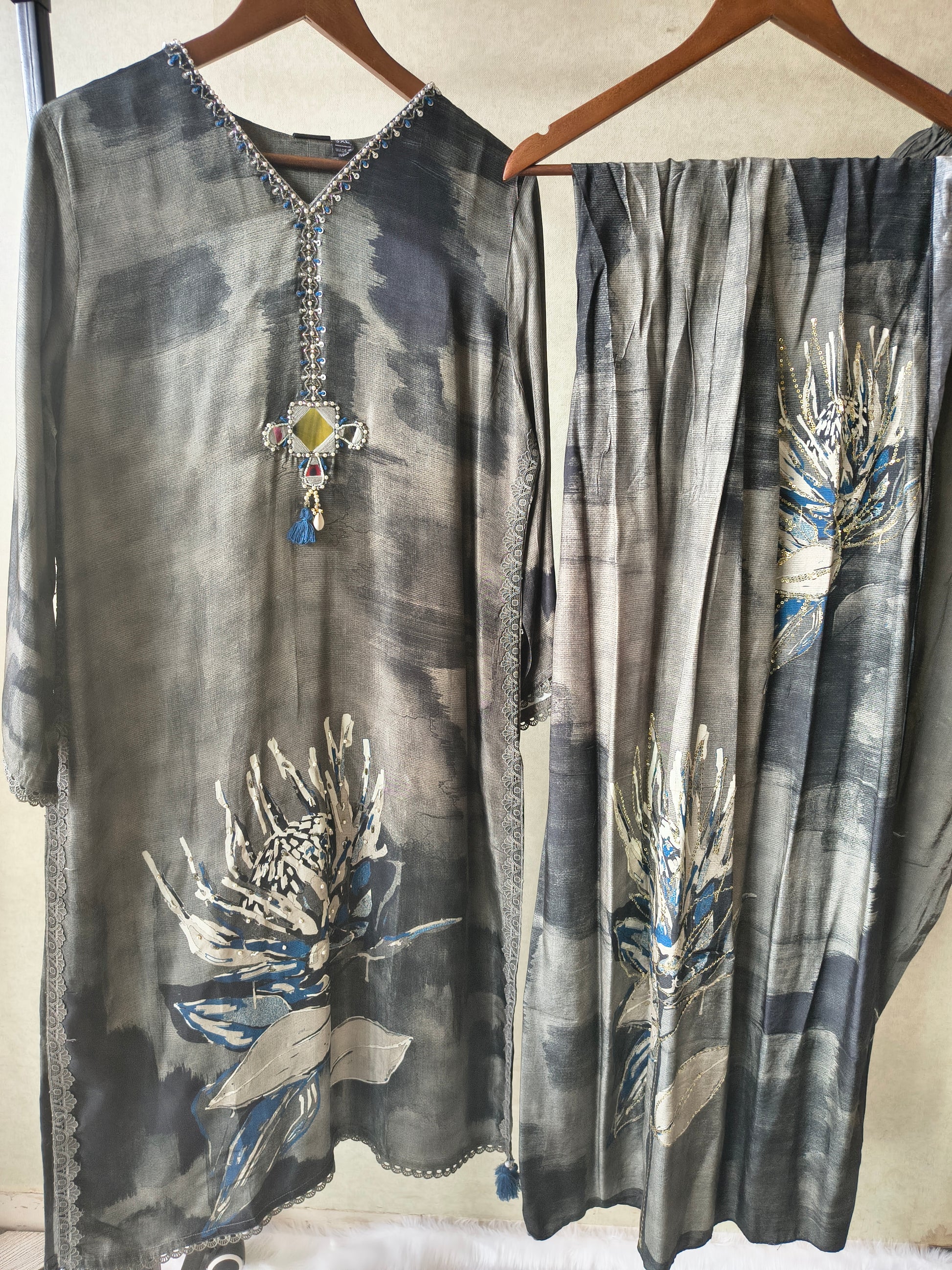Premium Charcoal Grey Abstract Floral Printed Straight Kurta Set with Designer Neckline, Straight Pants & Printed Dupatta