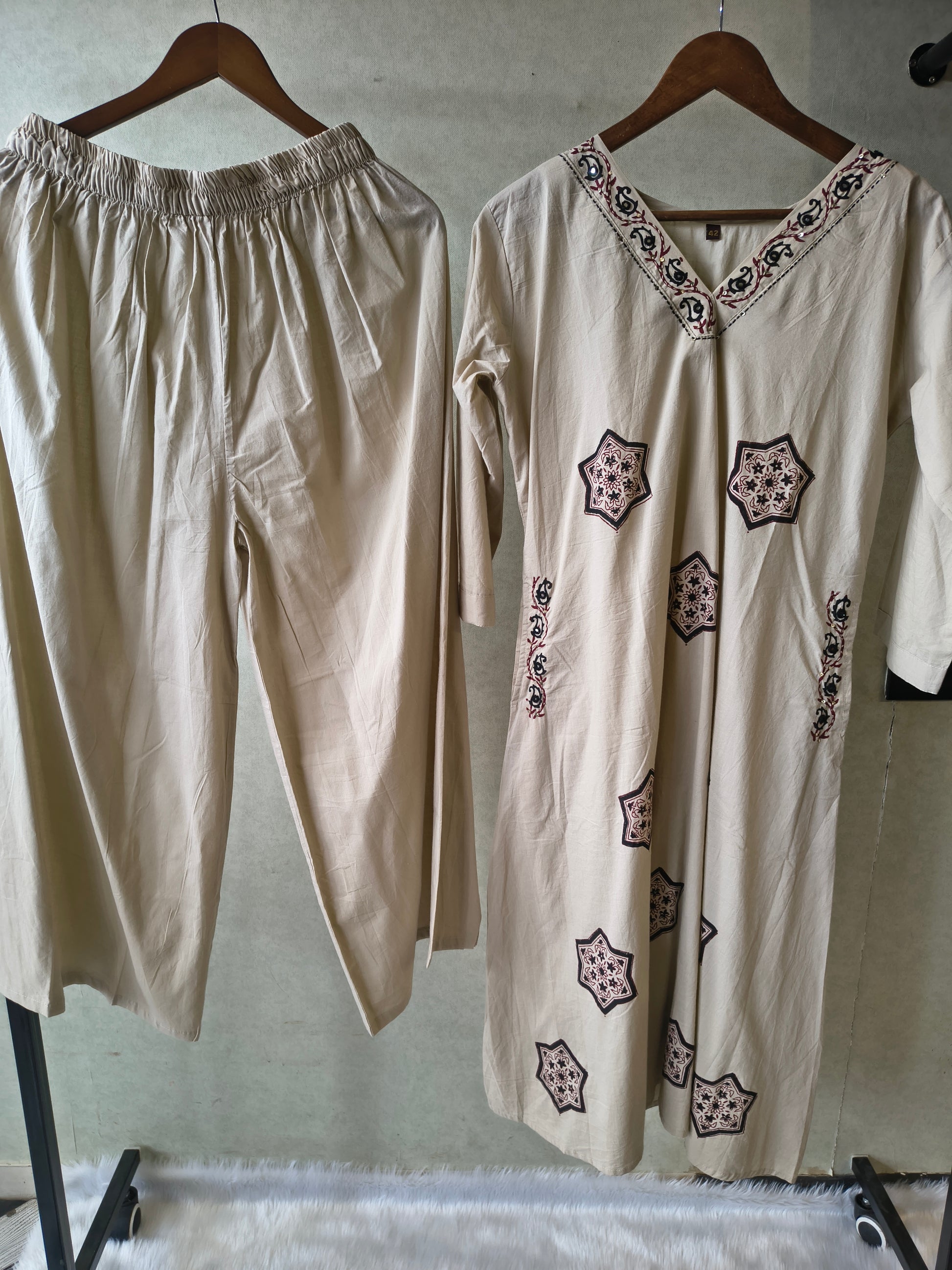 Ivory Hand Block Printed Cotton Kurta Set with Straight Pants