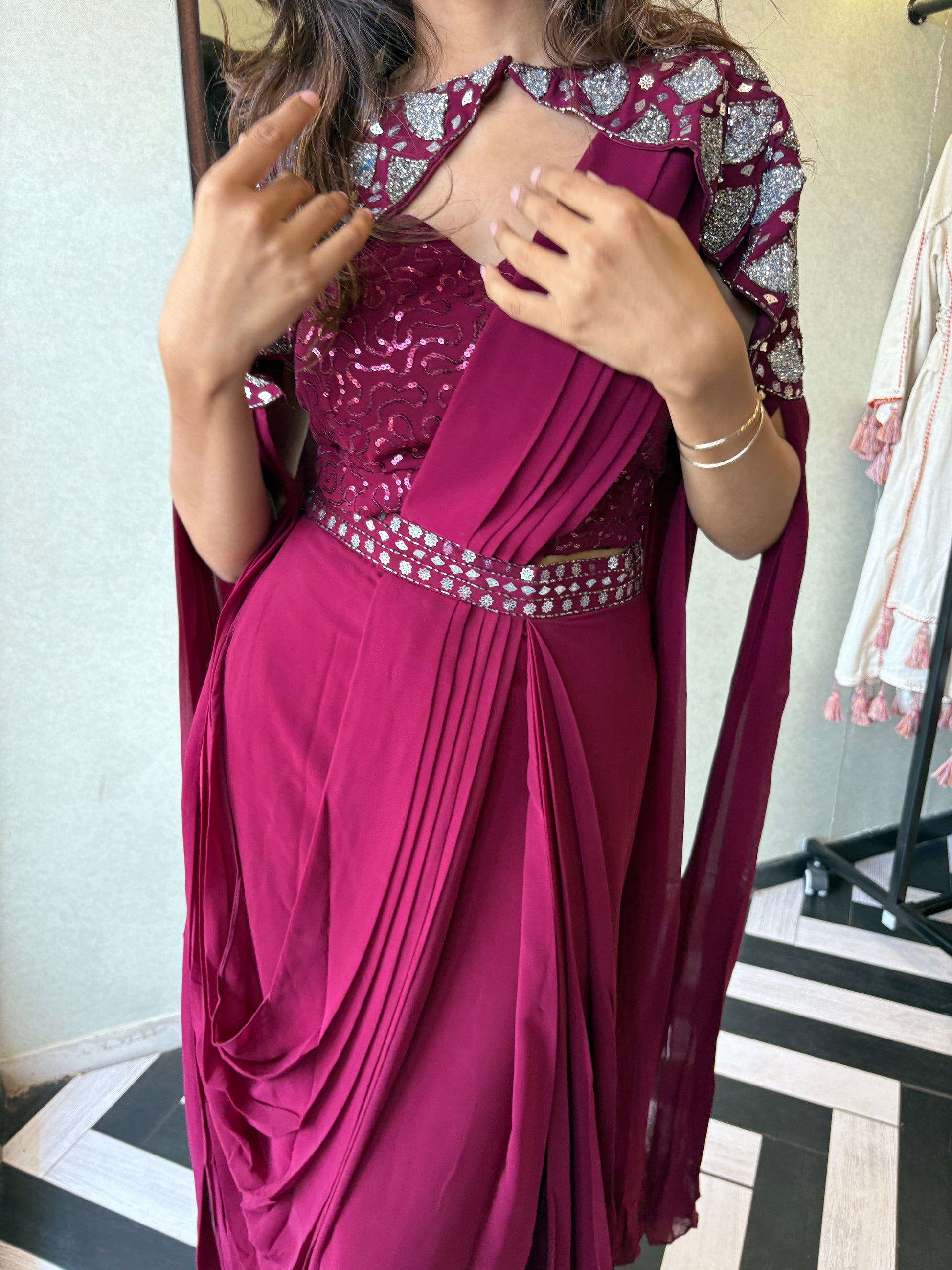 Our Maroon Georgette 3-Piece Saree-Style Indo-Western Set, where classic charm meets modern flair.