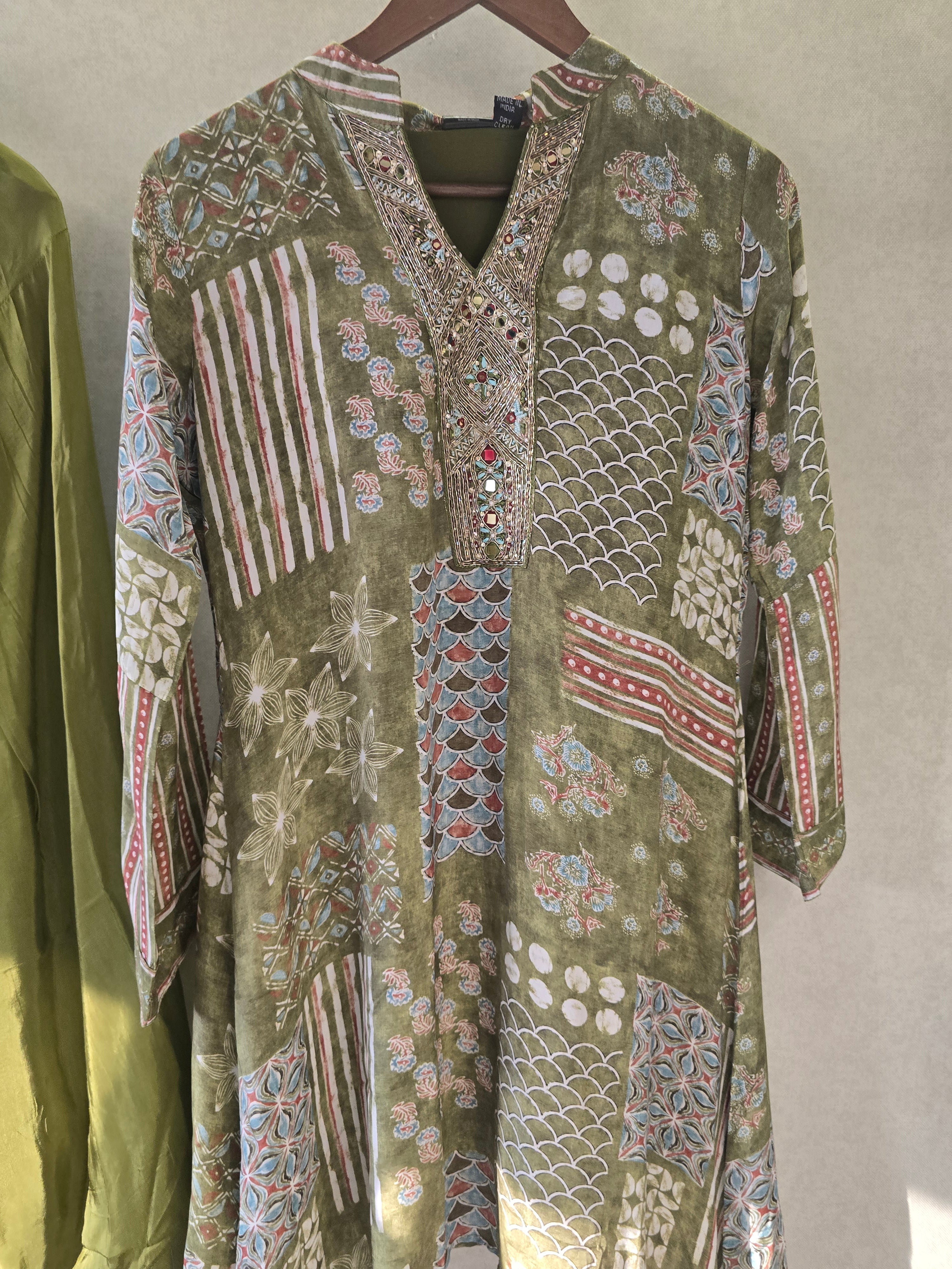 Image of Olive Patchwork Print Embroidered Co-Ord Set