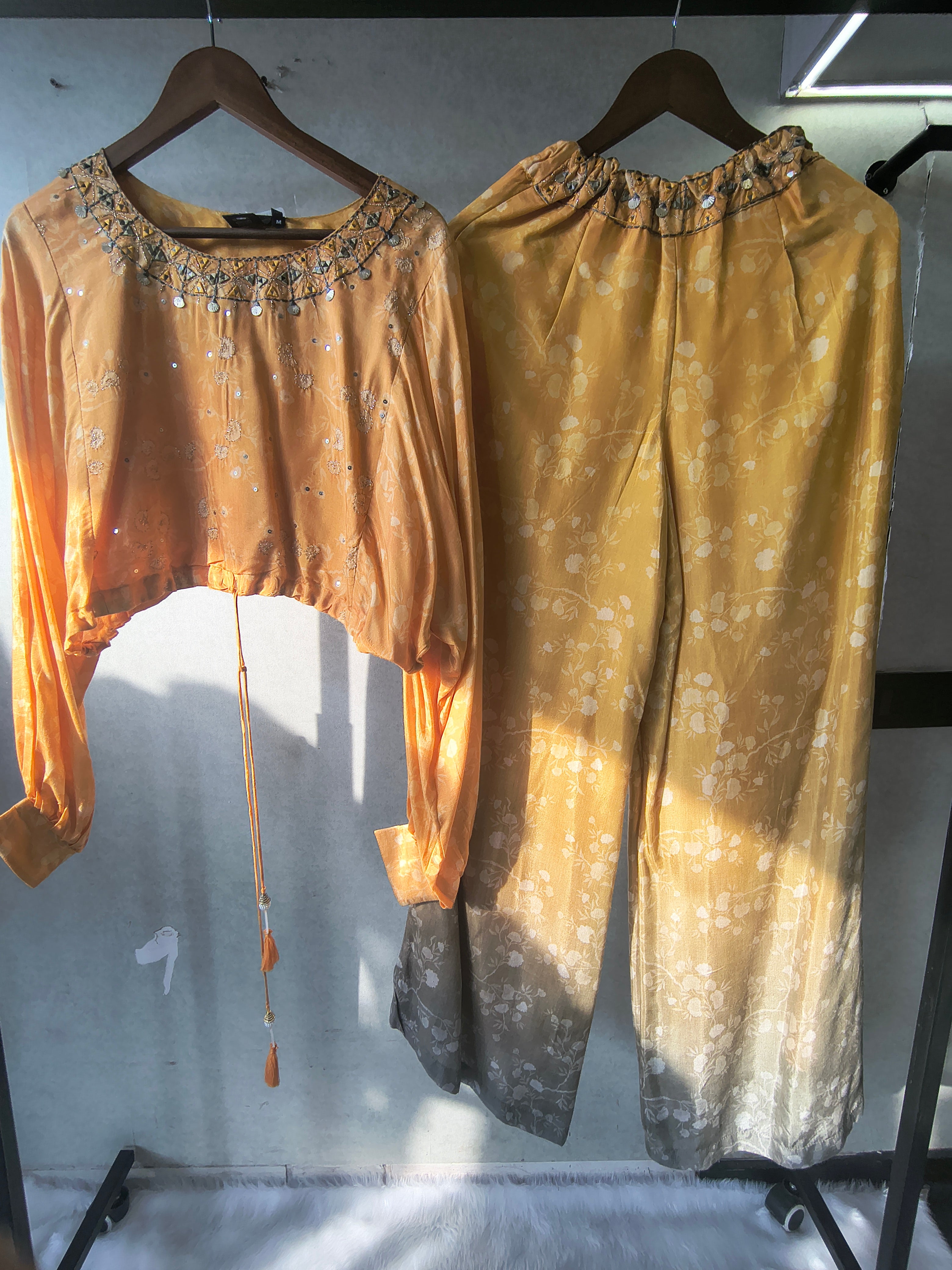 Image of Premium Sunset Ombre Embellished Crop Top & Wide-Leg Palazzo Co-Ord Set