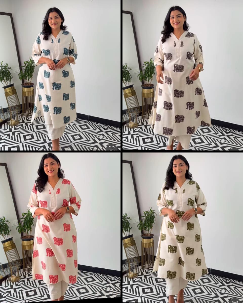 Image of Explore Breathable & Embroidered and beautiful elephant print all over kurti Co-ord Sets your go-to for any occasion