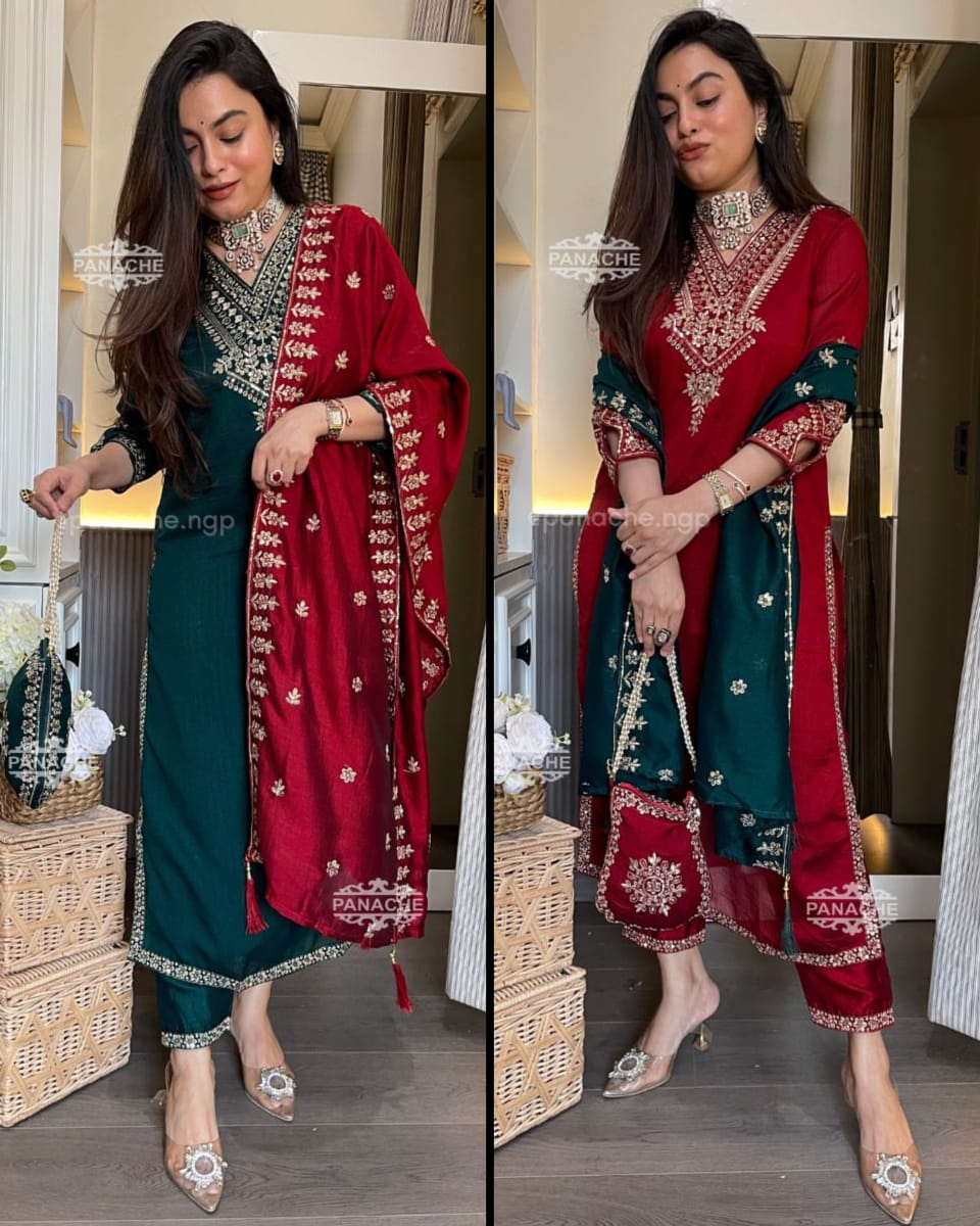 Presenting Beautiful Heavy VICHITRA BLUMING Silk Fabric designer festive wear kurti pant and duppta with Coding work with lining