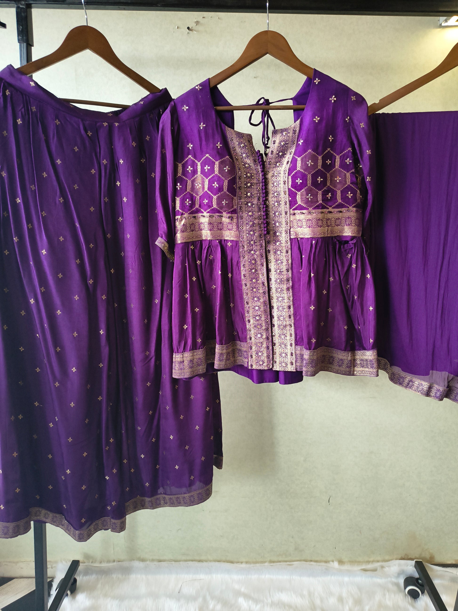 Royal Purple Tissue Silk Embroidered Peplum Jacket with Flared Palazzo & Designer Dupatta – 3 Piece Festive Indo-Western Set
