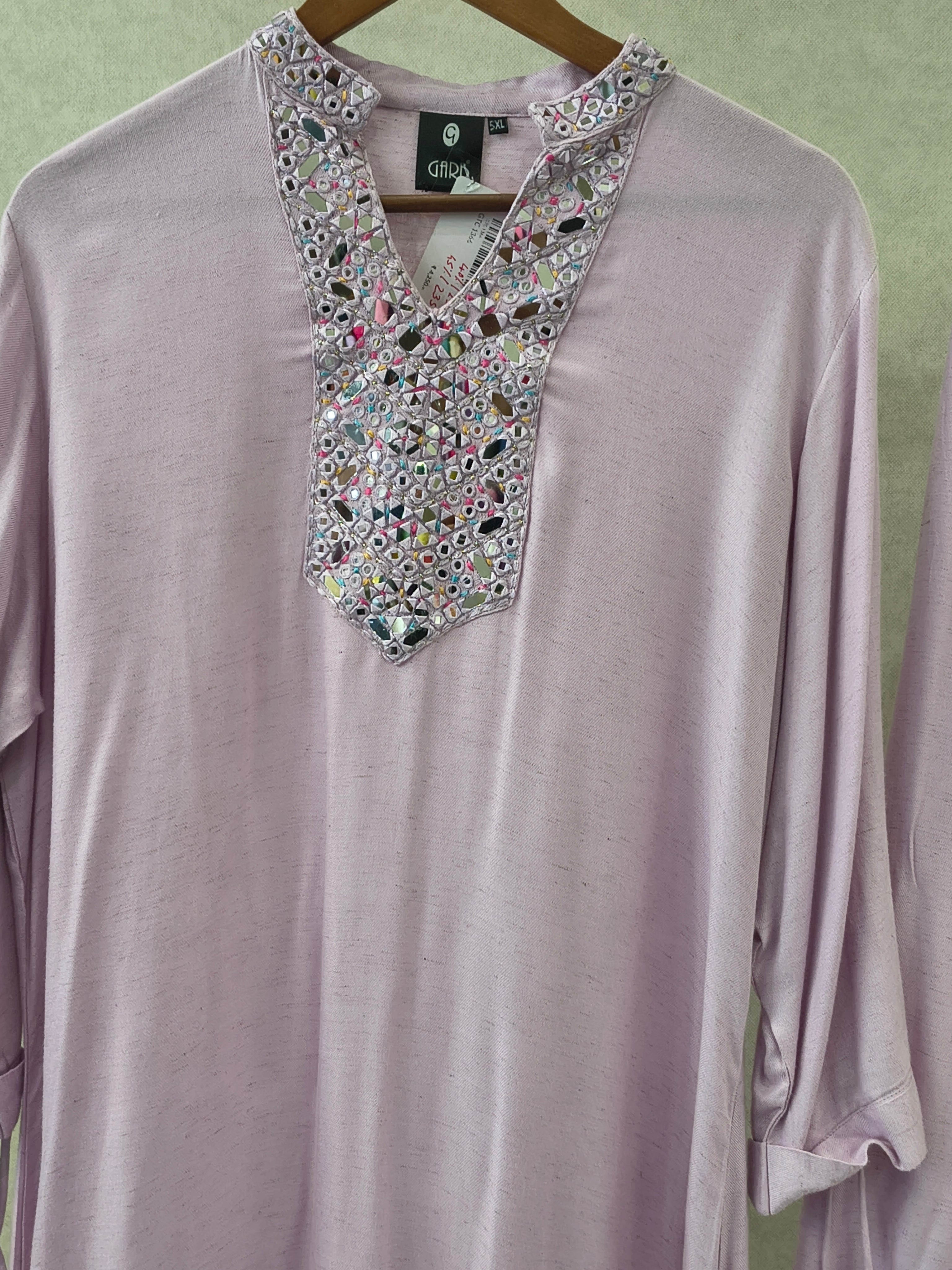 Image of Premium Lilac Mirror Work Co-Ord Kurta Set with Designer Embellished Neckline