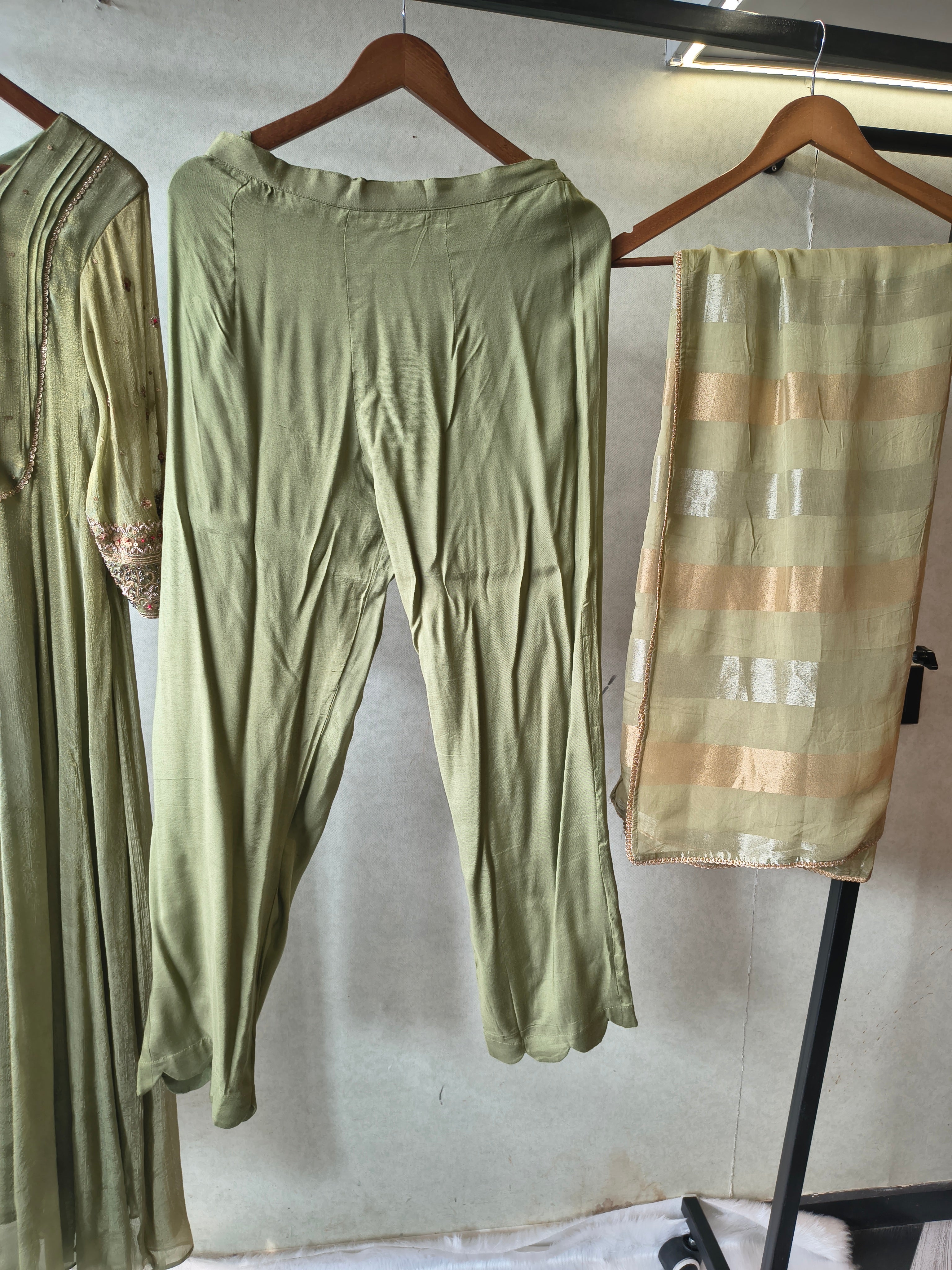 Image of Sage Green Georgette Anarkali Suit Set with Pintuck Yoke, Embroidered Sleeves & Metallic Striped Dupatta – Premium 3 Piece Ethnic Ensemble