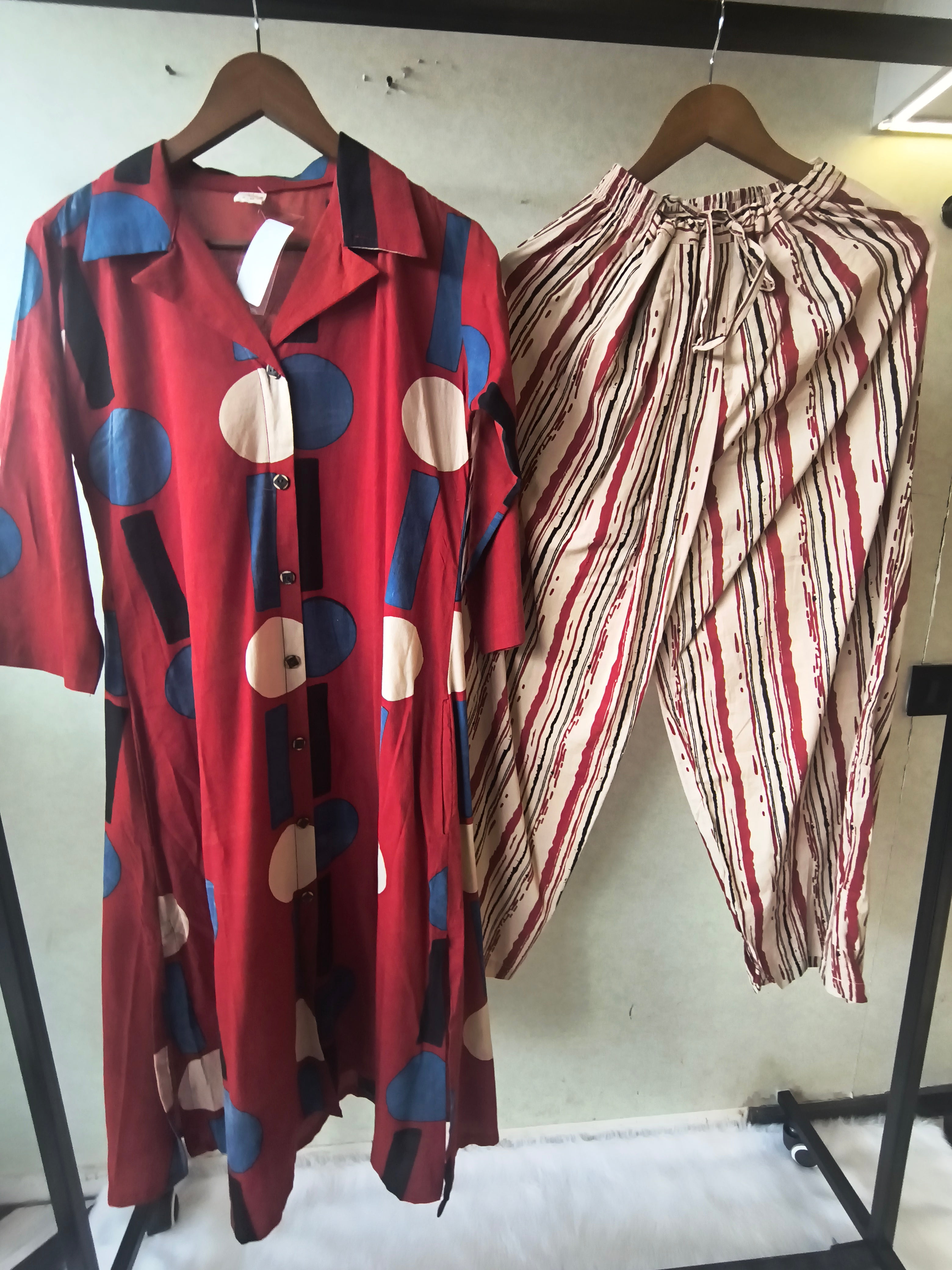 Image of Premium Rust Red Abstract Printed Shirt Kurta with Striped Relaxed Pants Co-Ord Set