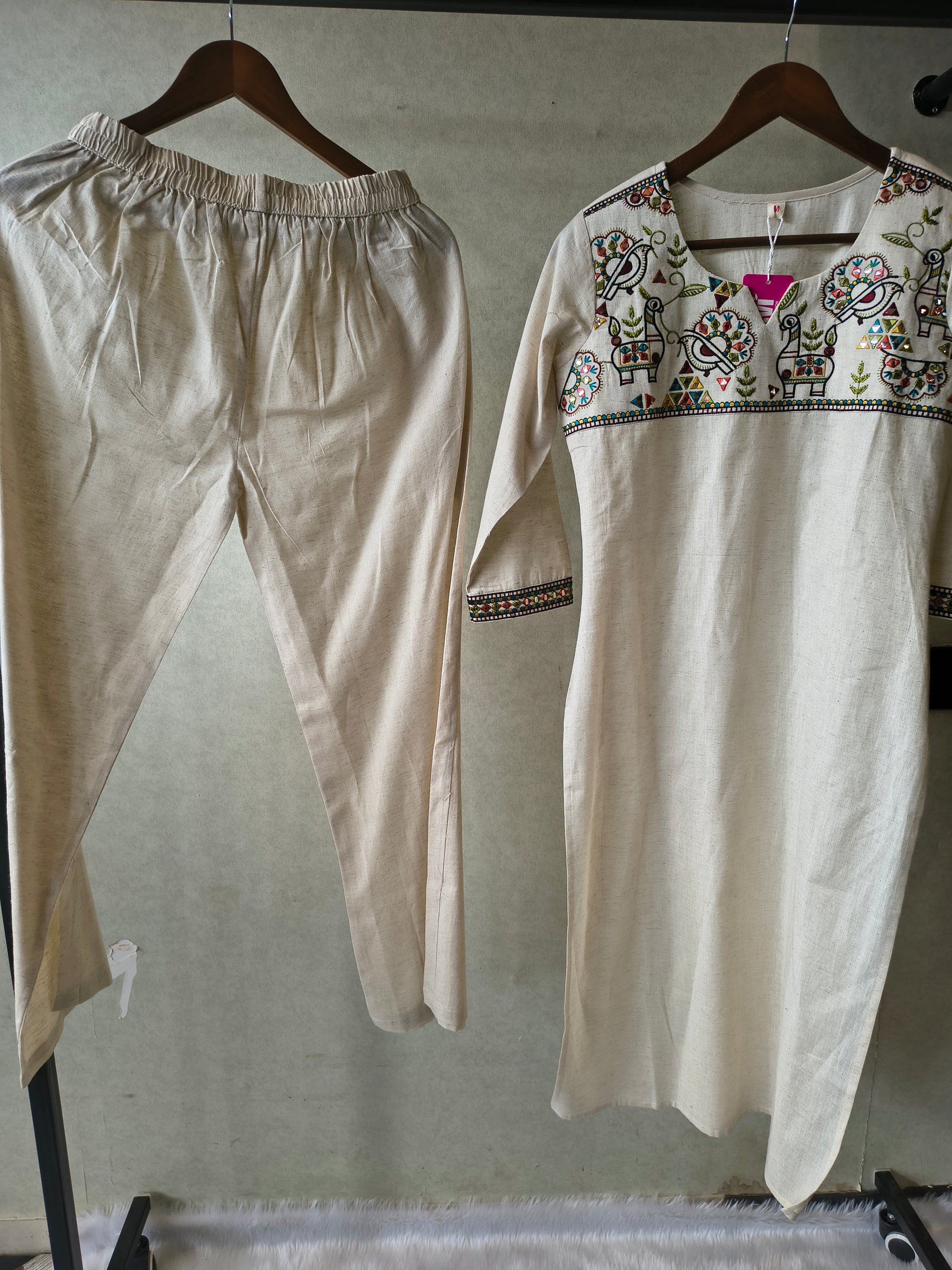 Ivory Cotton Linen Kurta Set with Multicolour Folk Embroidery & Straight Pants