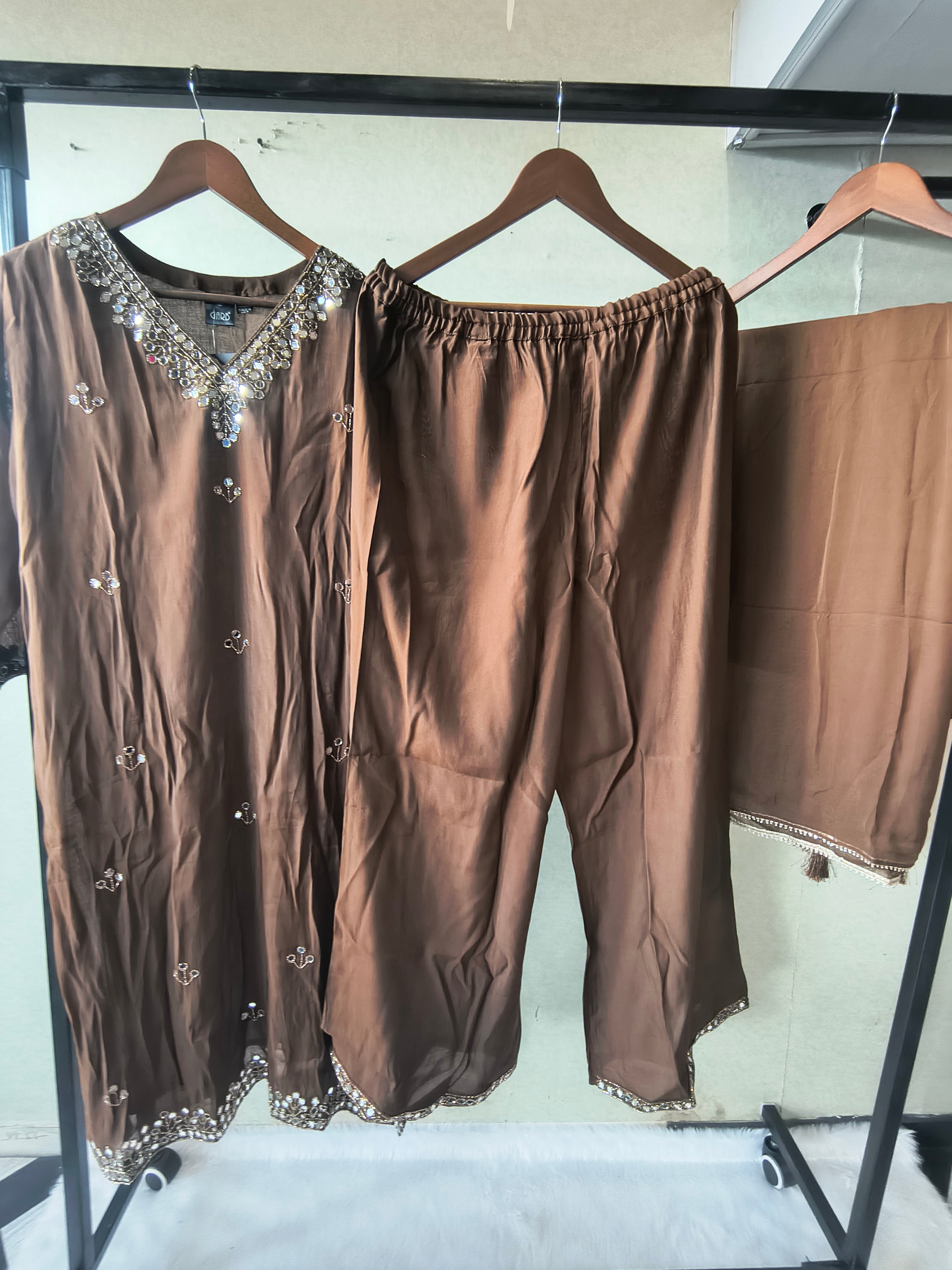 Image of Premium Chocolate Brown Embellished Kurta Set with Mirror Work & Tassel Dupatta