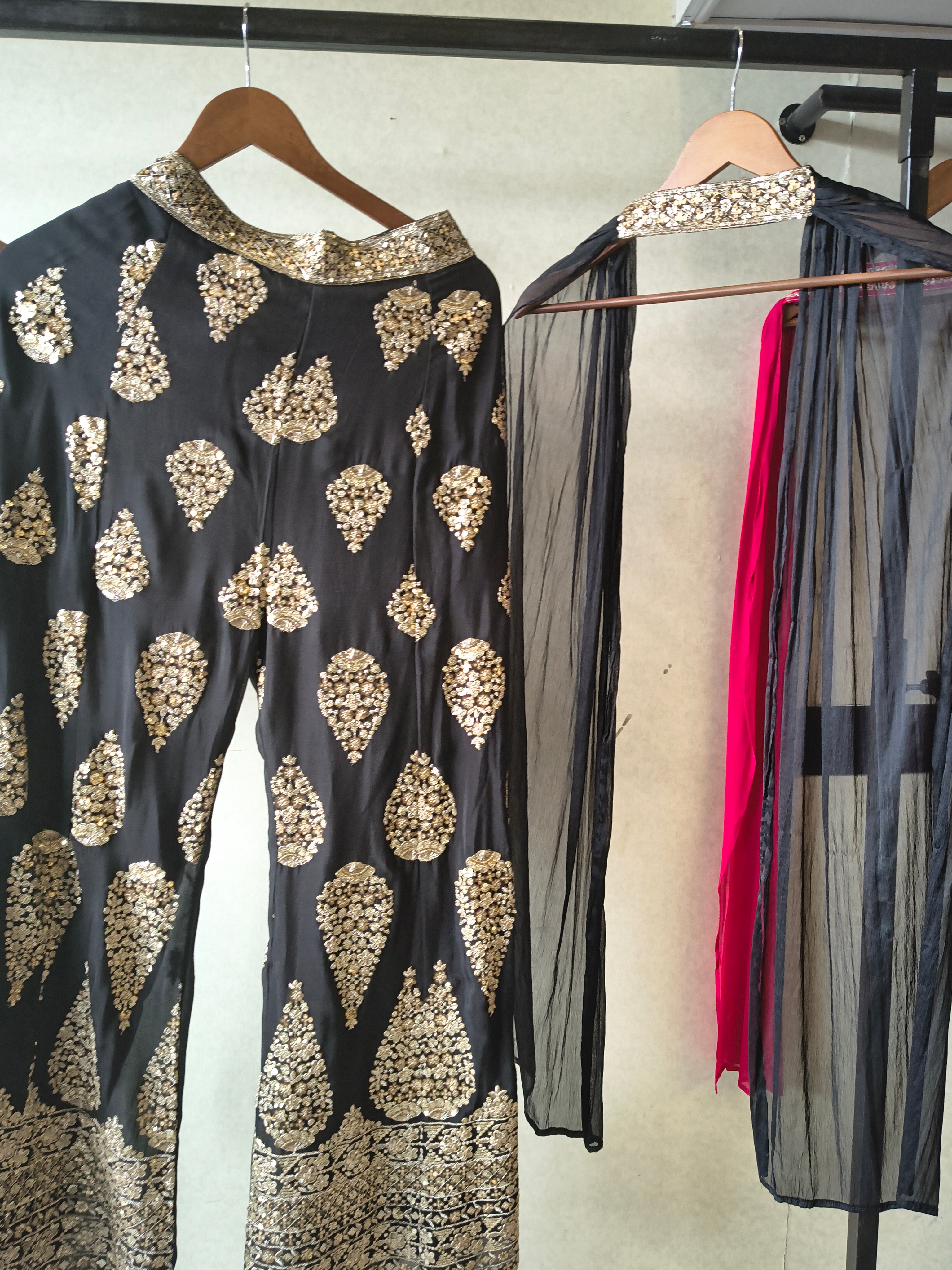Image of Luxury Black Hand-Embroidered Bustier & Palazzo Set with Embellished Net Dupatta – 3 Piece Designer Ensemble
