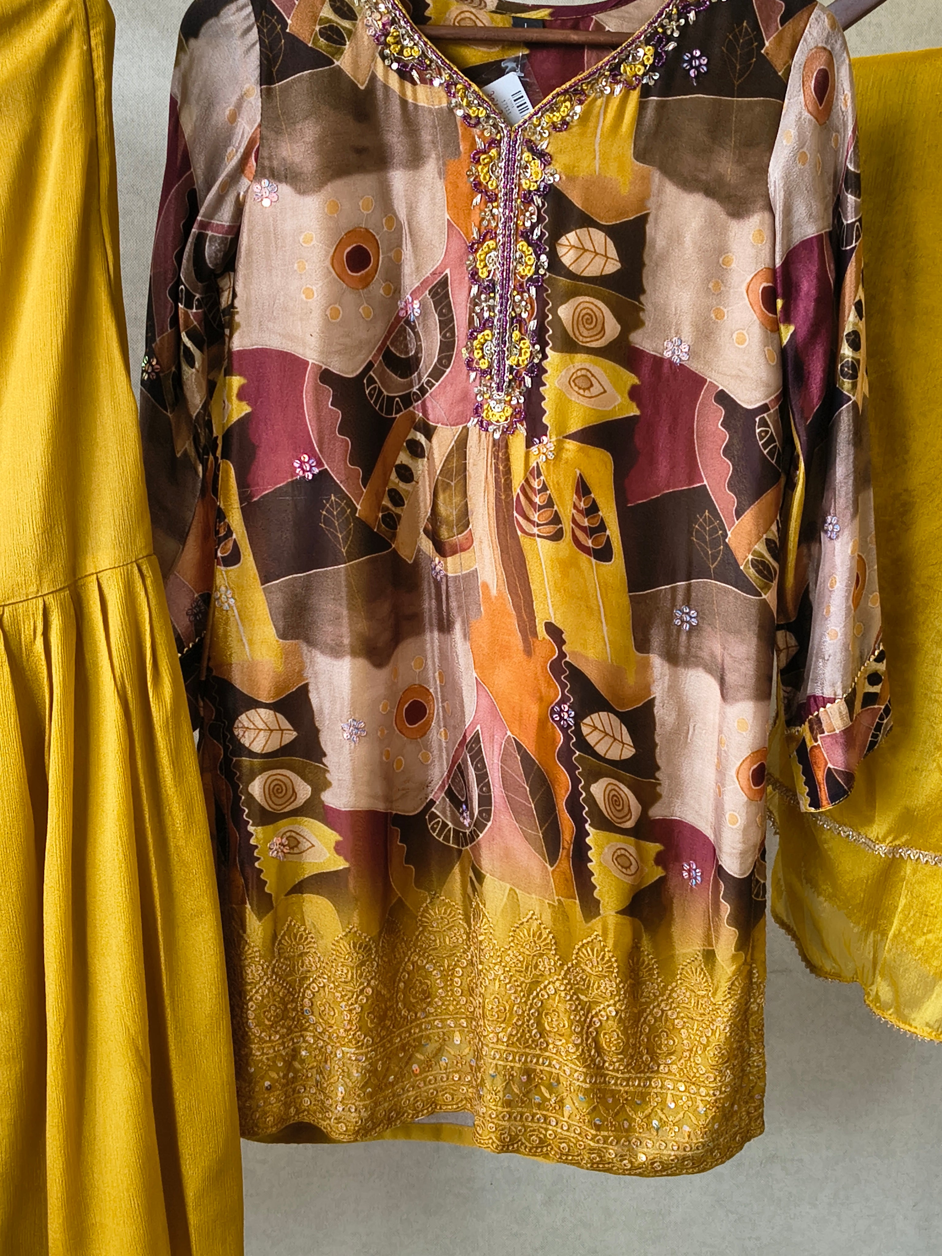Image of Premium Mustard Abstract Printed Kurta with Sharara & Dupatta Set