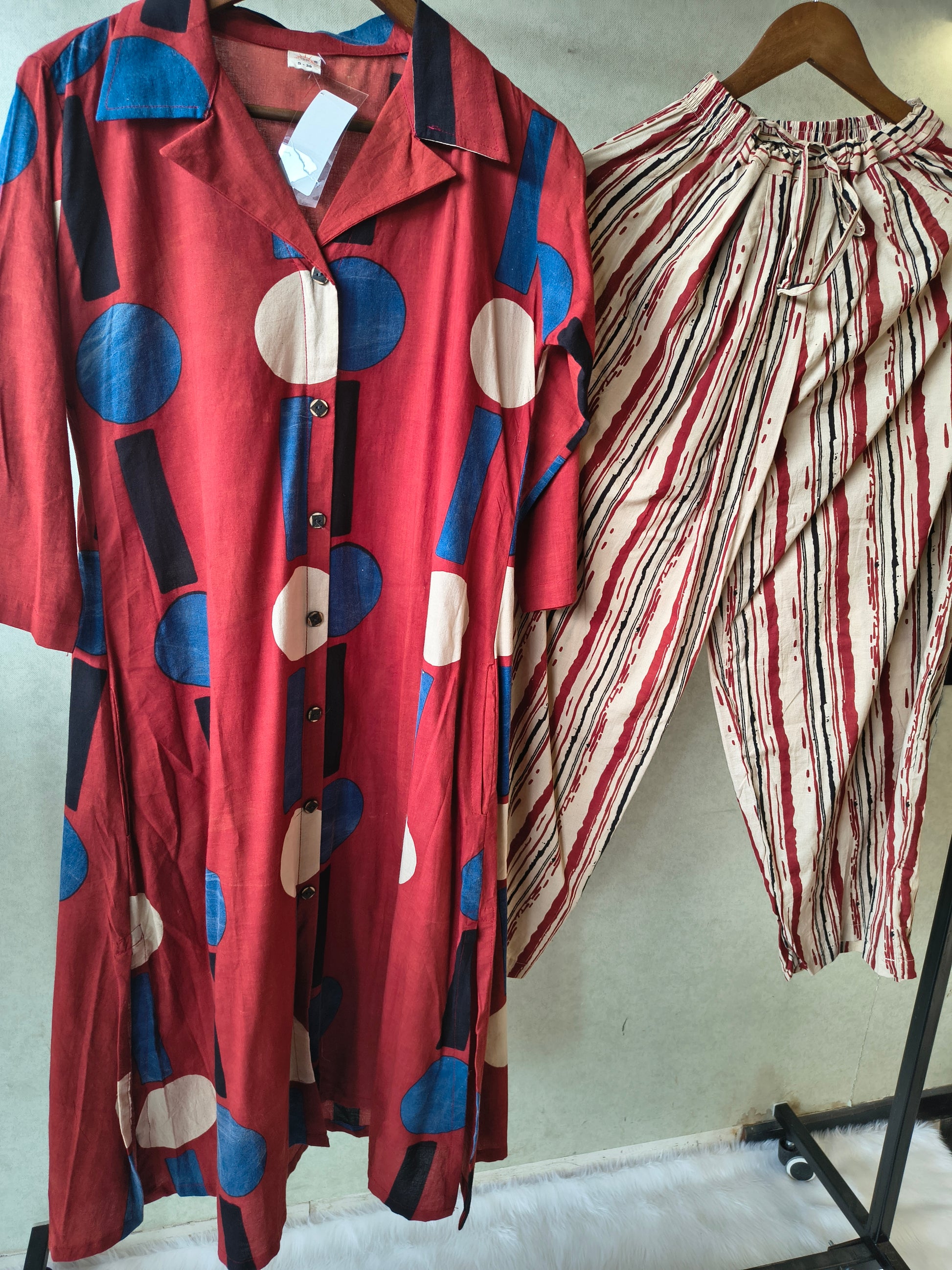 Premium Rust Red Abstract Printed Shirt Kurta with Striped Relaxed Pants Co-Ord Set