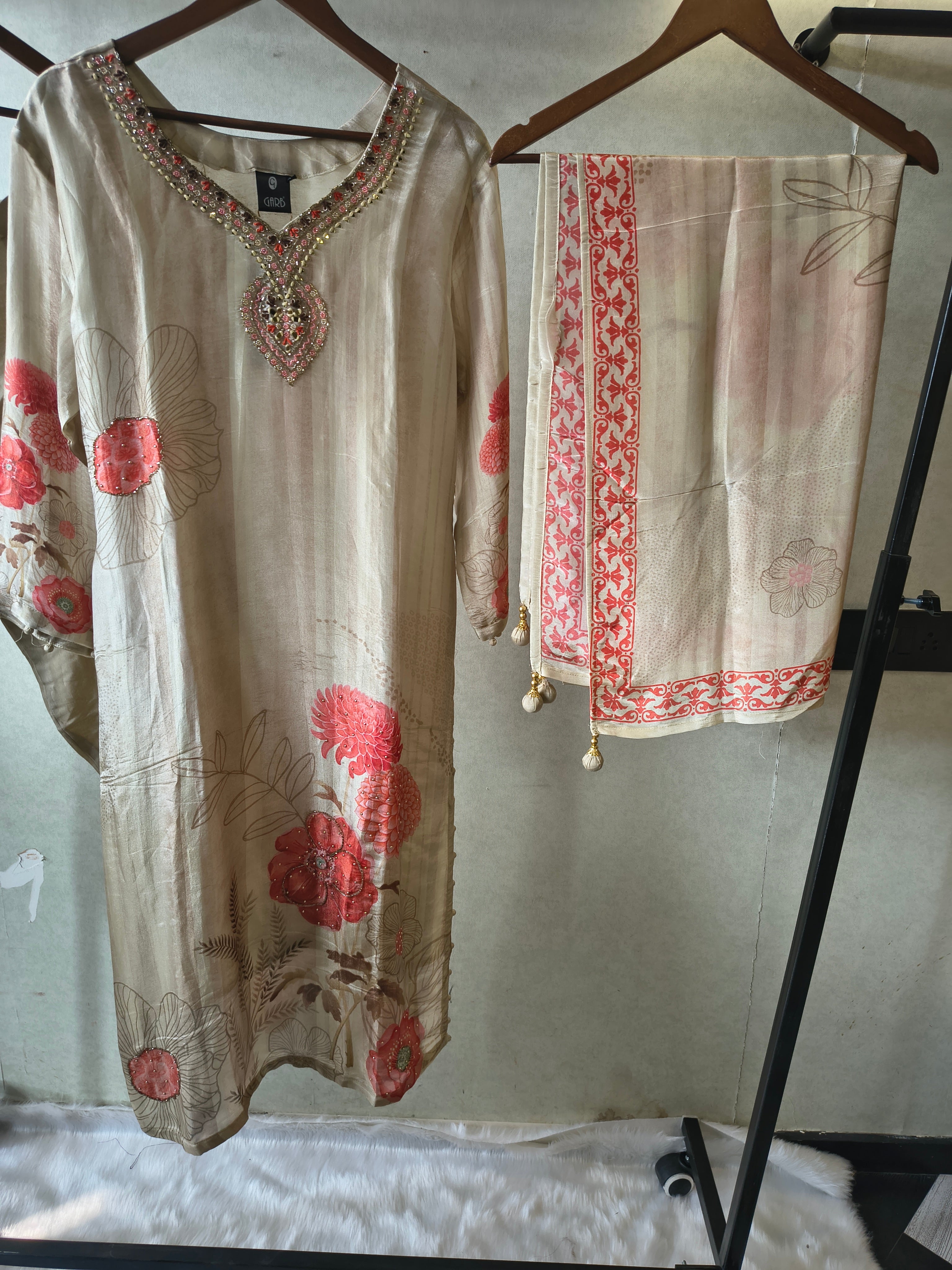 Image of Beige Floral Printed Silk Blend Kurta Set with Hand-Embellished Neckline & Designer Dupatta – Premium 3 Piece Ethnic Ensemble
