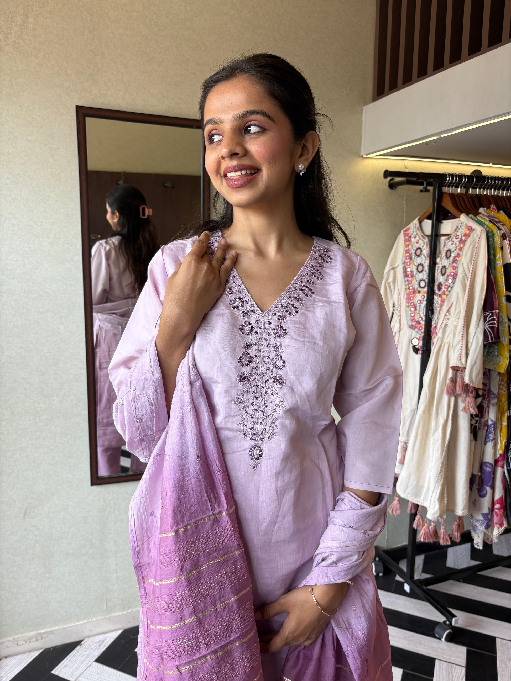 Elegance in Every Thread - Premium Silk Kurti Set Just for You!
Crafted from pure silk, this 3-piece kurti set comes with gorgeous center hand embroidery - perfect for special occasions or elegant daily wear.