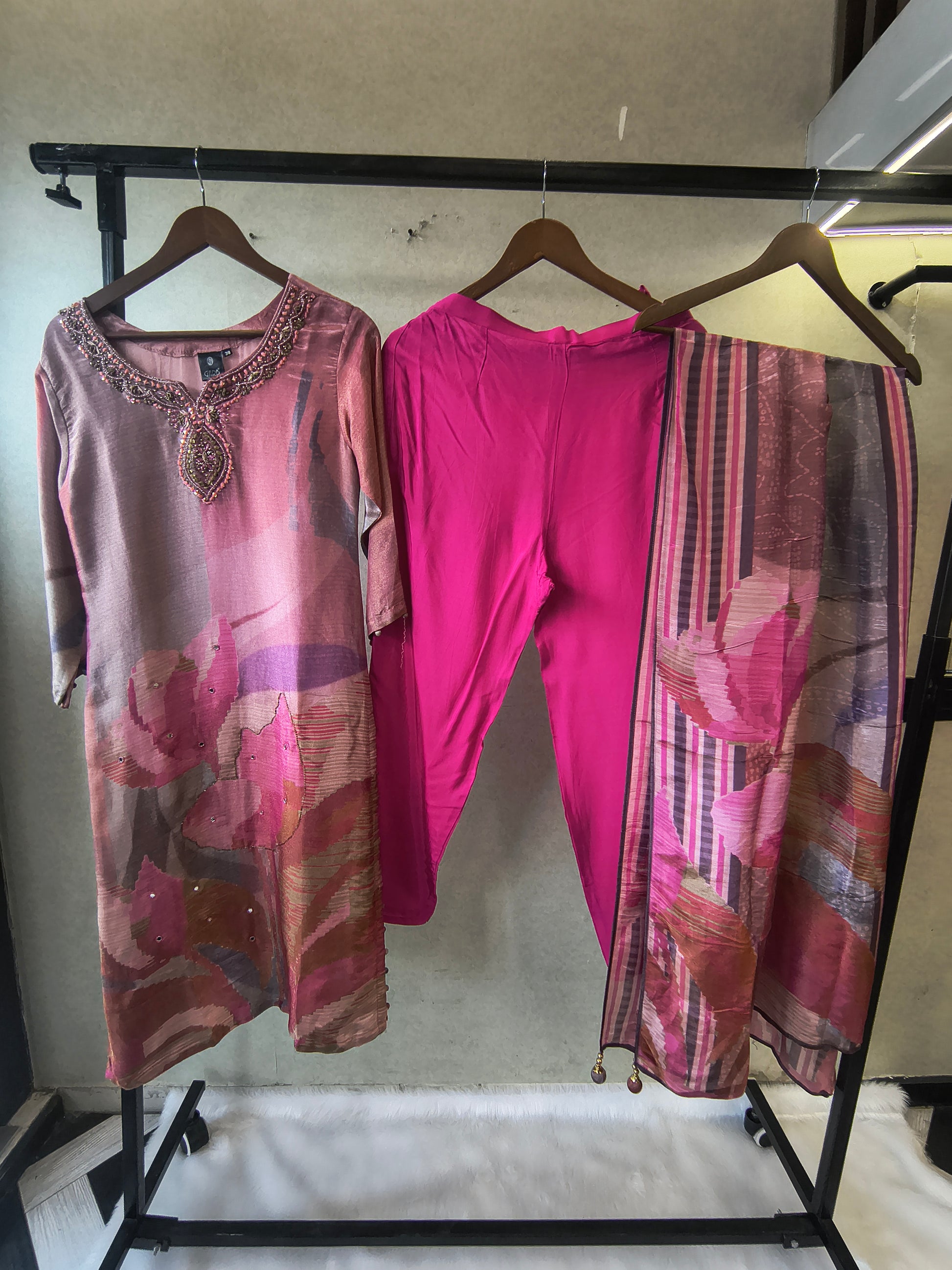 Dusty Rose Abstract Printed Kurta Set with Embellished Neckline & Dupatta | Premium 3 Piece Ethnic Suit