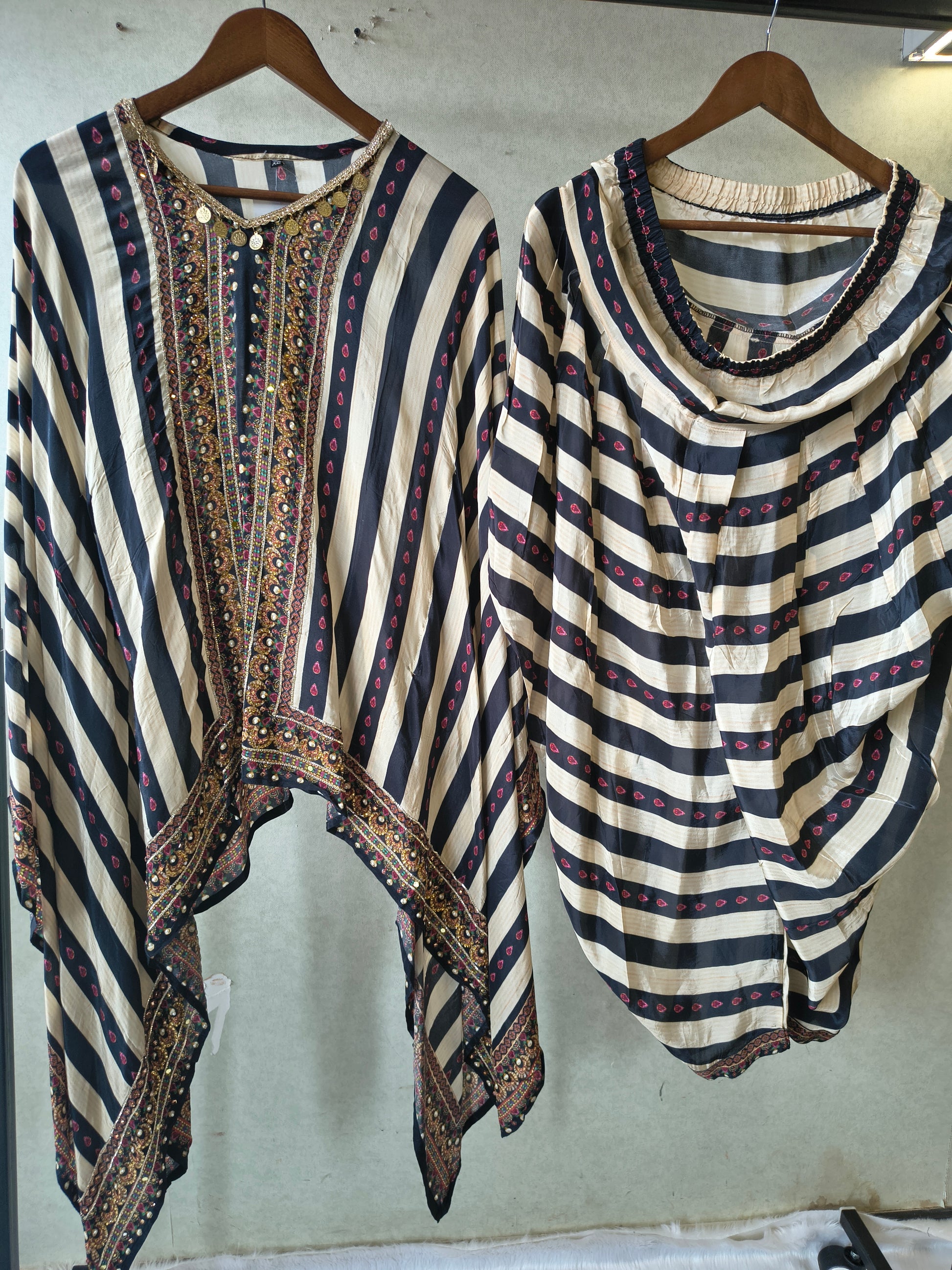 Ivory & Navy Striped Designer Kaftan Co-Ord Set with Embroidered Neckline & Draped Silhouette