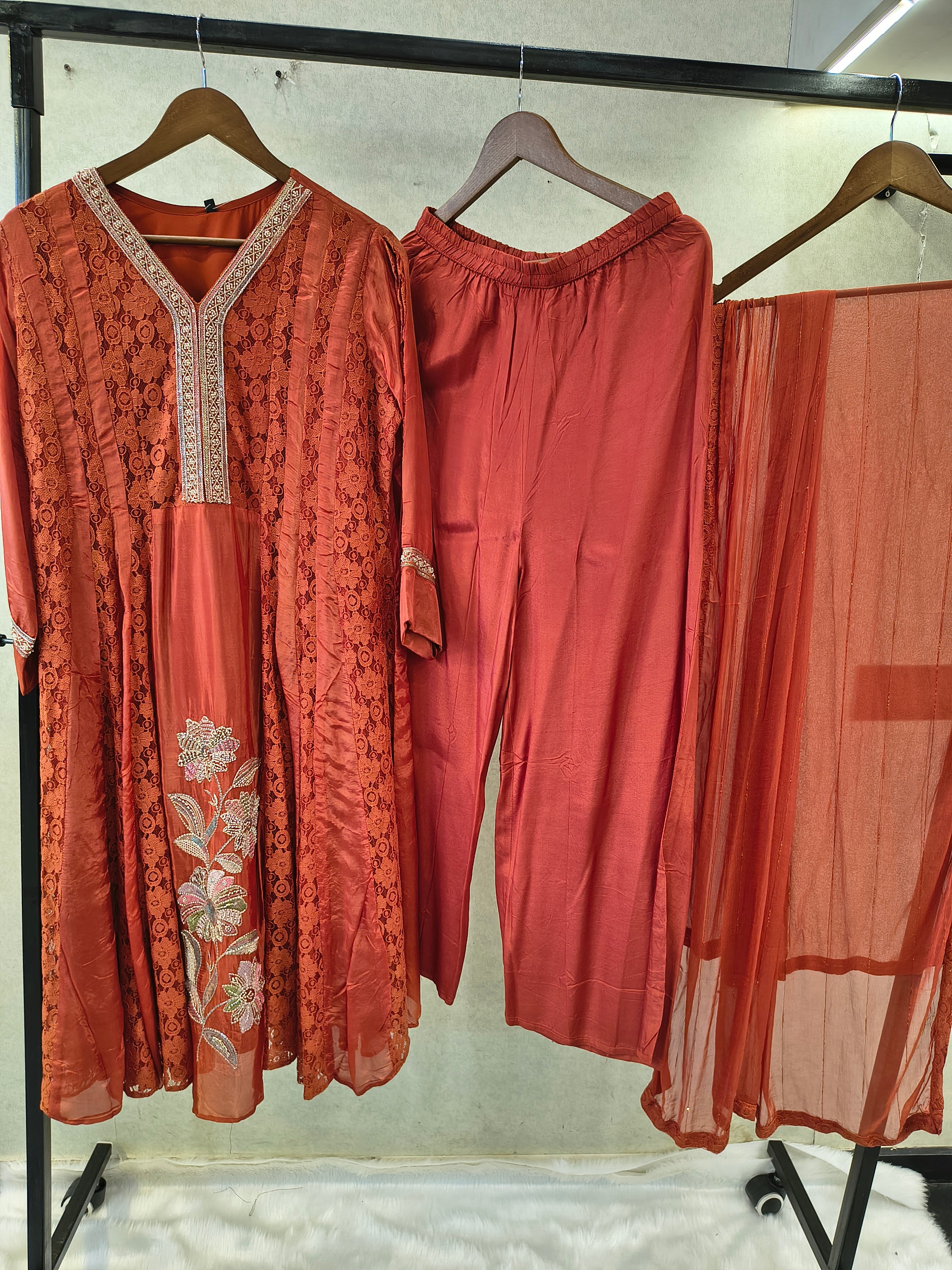 Image of Rust Brown Designer Lace Panel Anarkali Kurta Set with Embroidered Floral Motif & Sheer Dupatta | Premium 3 Piece Festive Ensemble