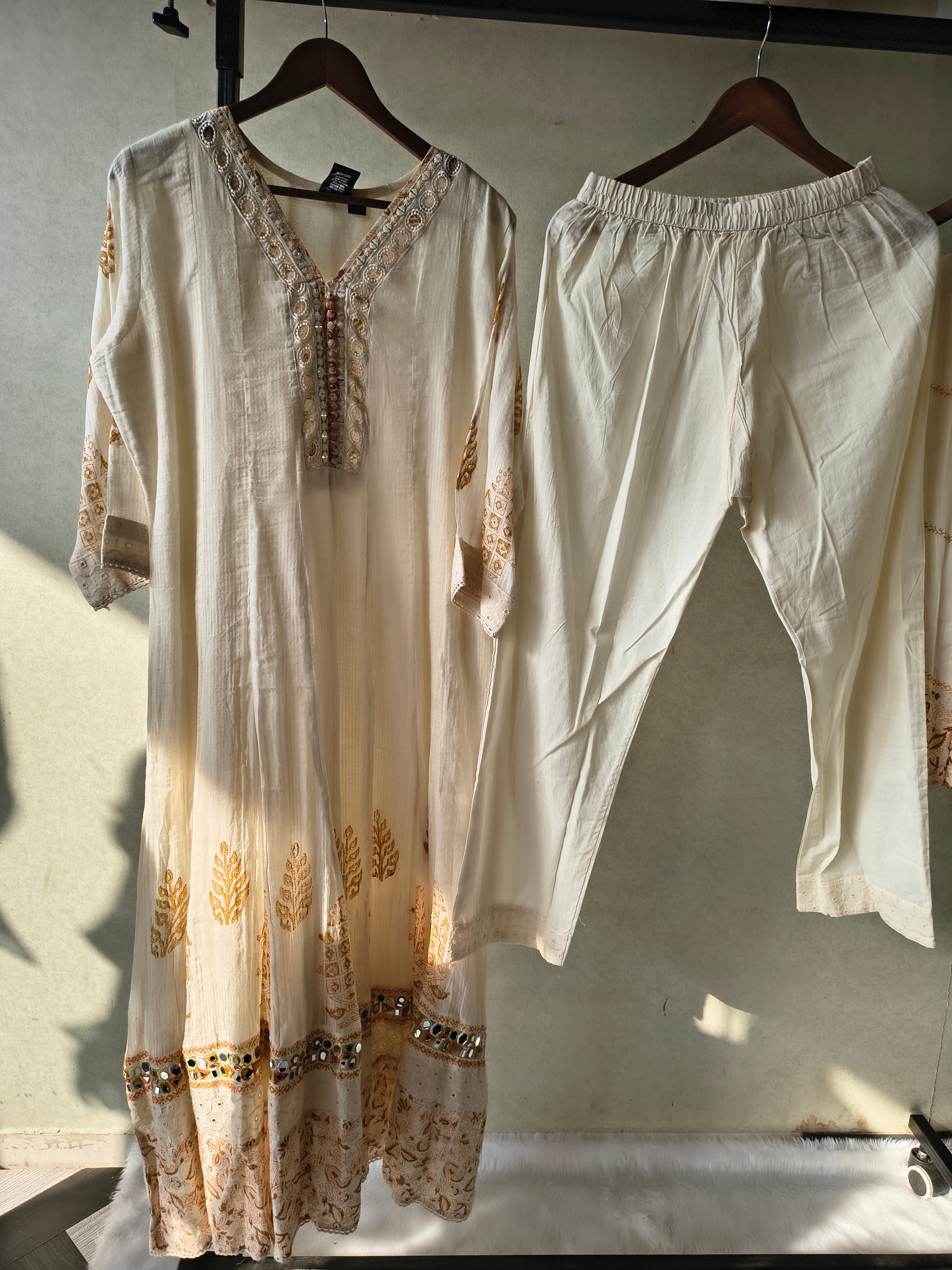 Image of Premium Ivory Embroidered Anarkali Kurta Set with Mirror Work & Cotton Dupatta