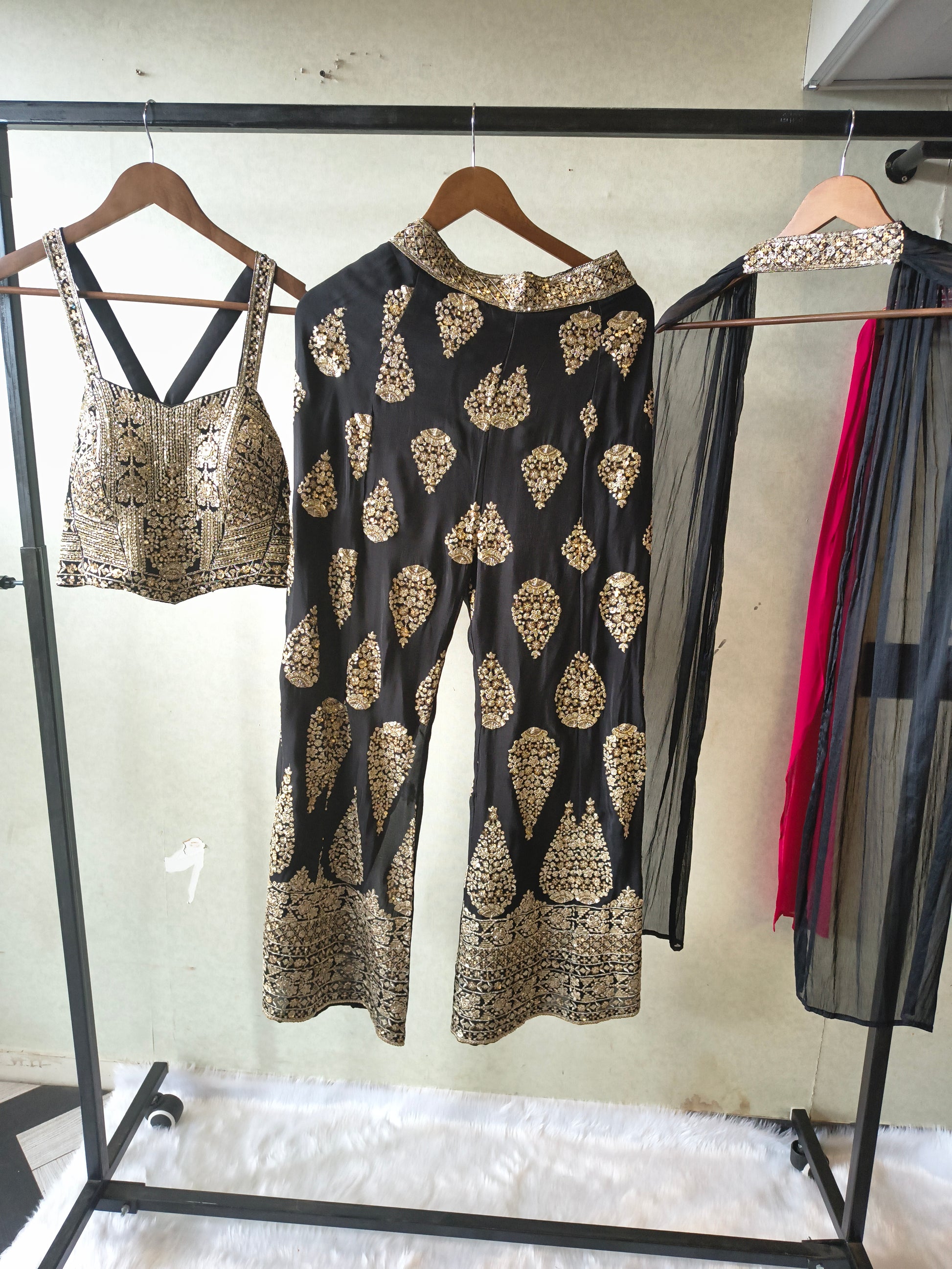 Luxury Black Hand-Embroidered Bustier & Palazzo Set with Embellished Net Dupatta – 3 Piece Designer Ensemble