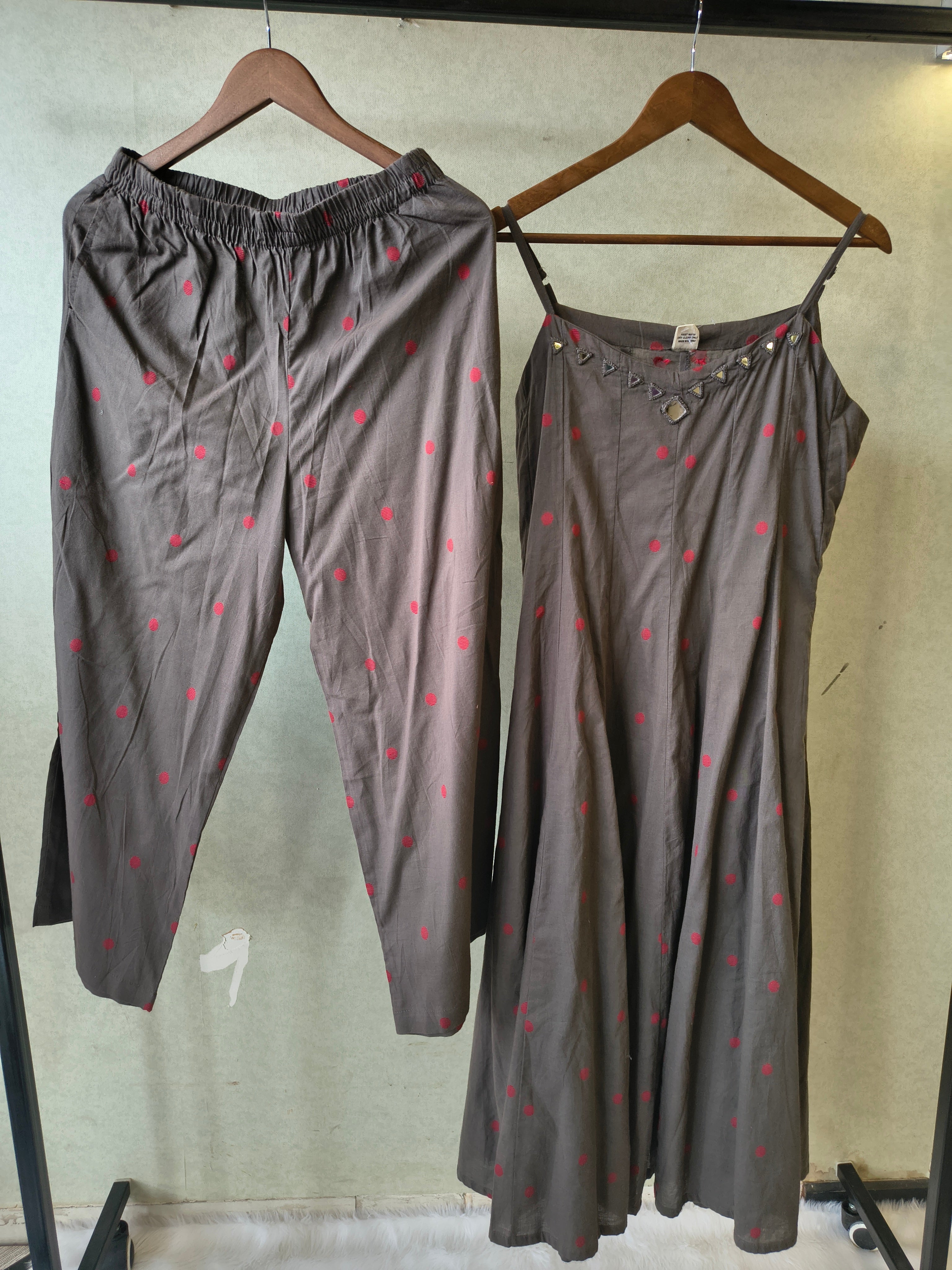 Image of Premium Charcoal Grey Polka Dot Cotton Sleeveless A-Line Kurta & Pant Co-Ord Set