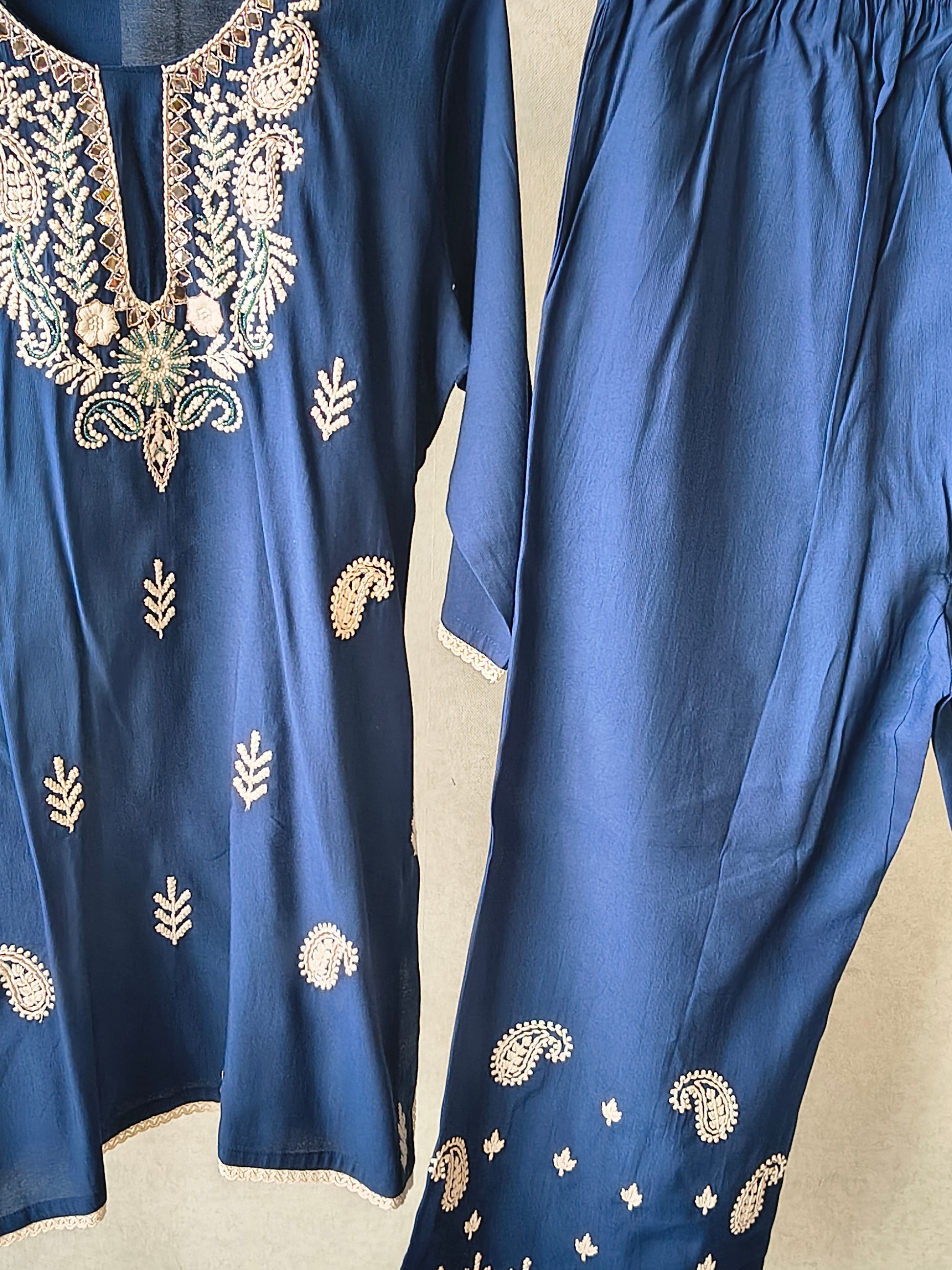 Premium Navy Blue Embroidered Kurta Set with Designer Pants