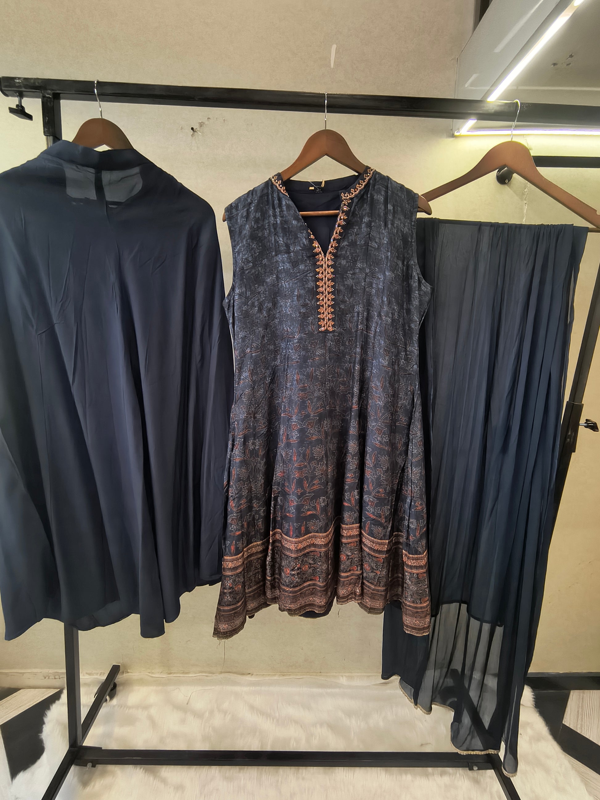 Midnight Navy Printed Anarkali Kurta Set with Embroidered Neckline, Palazzo & Chiffon Dupatta | Premium 3 Piece Festive Ensemble