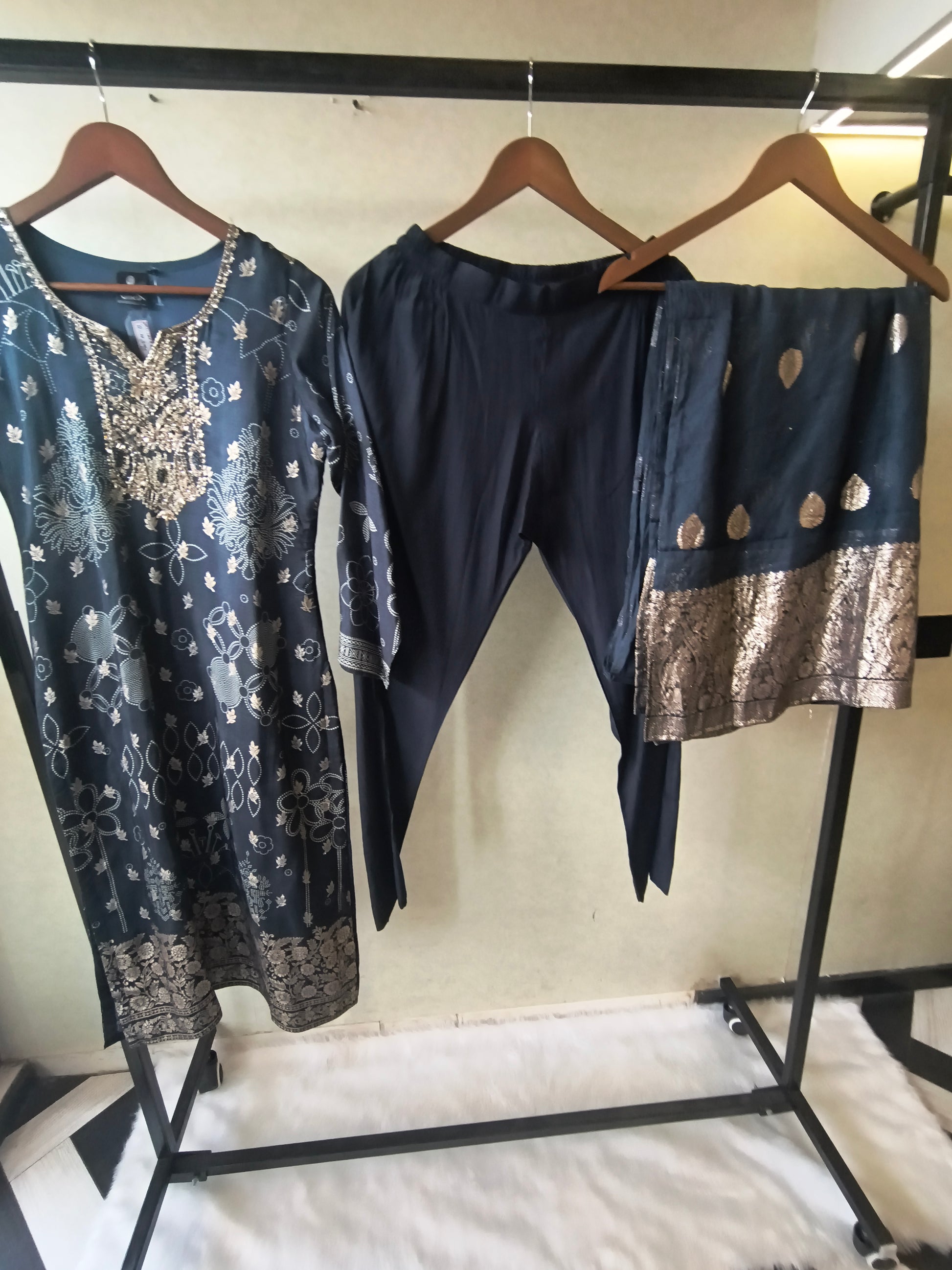 Premium Midnight Blue Zari Printed Kurta Set with Banarasi Dupatta