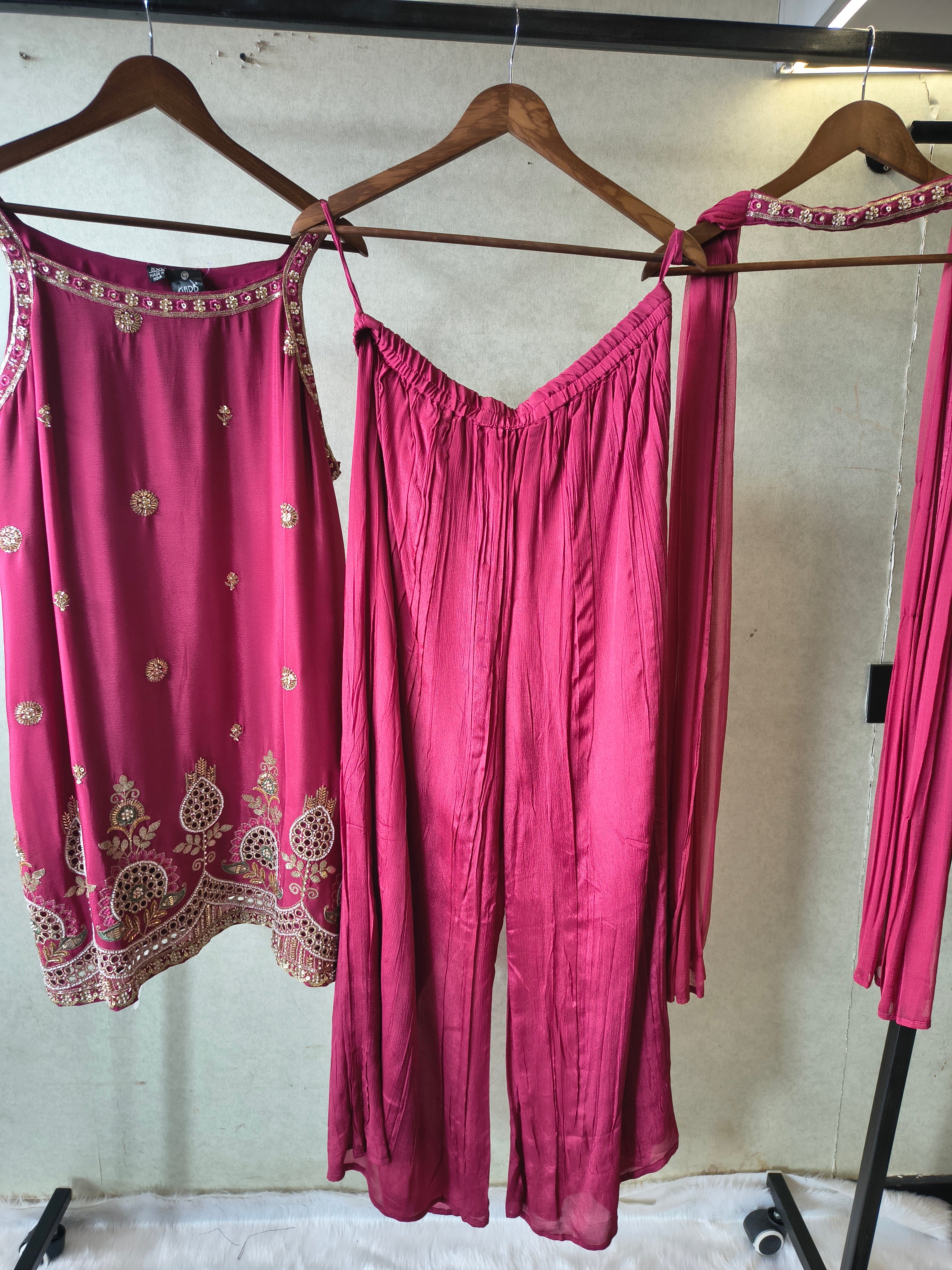 Image of Rani Pink Hand Embroidered Kurta Set with Designer Palazzo & Embellished Dupatta – Premium 3 Piece Festive Ensemble