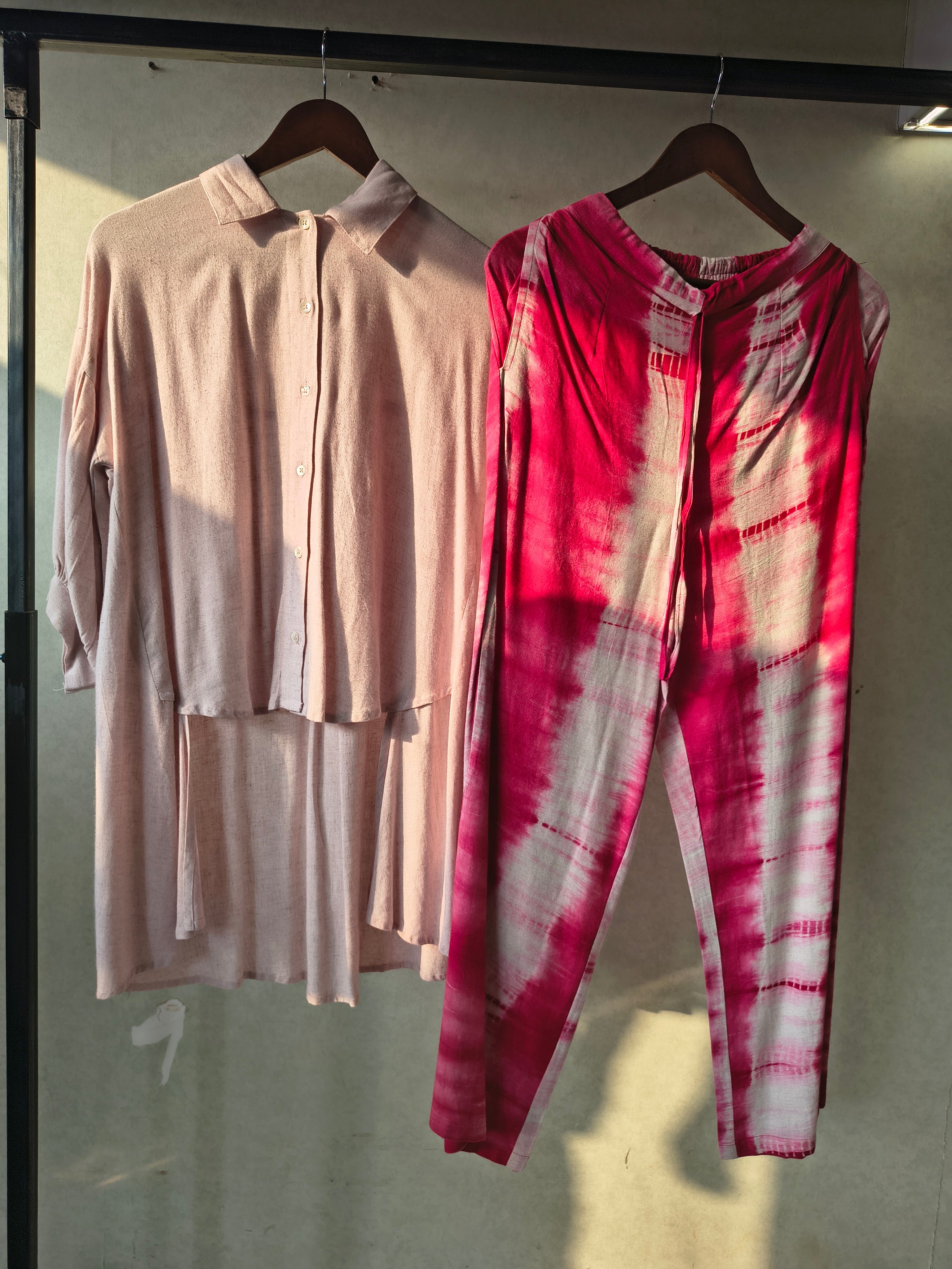 Image of Premium Layered Shirt Style Tunic Co-Ord Set with Tie-Dye Straight Pants