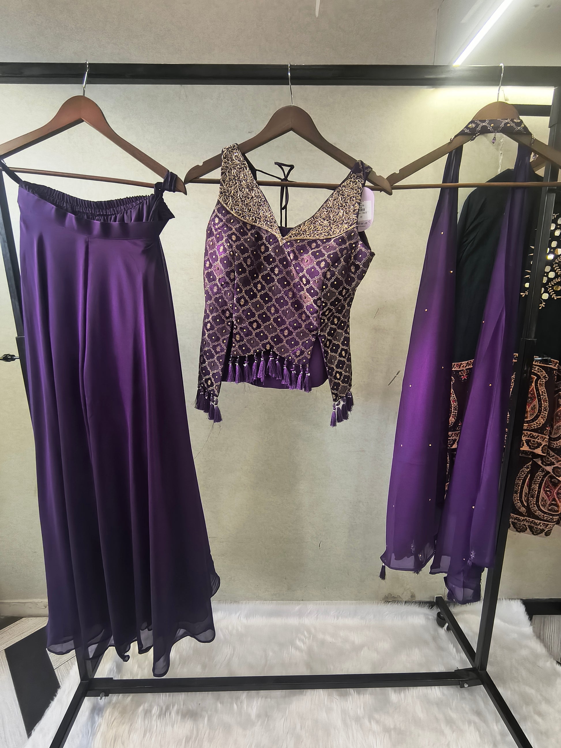 Royal Purple Brocade Blouse with Flared Palazzo & Embellished Choker Dupatta – 3 Piece Designer Indo-Western Set