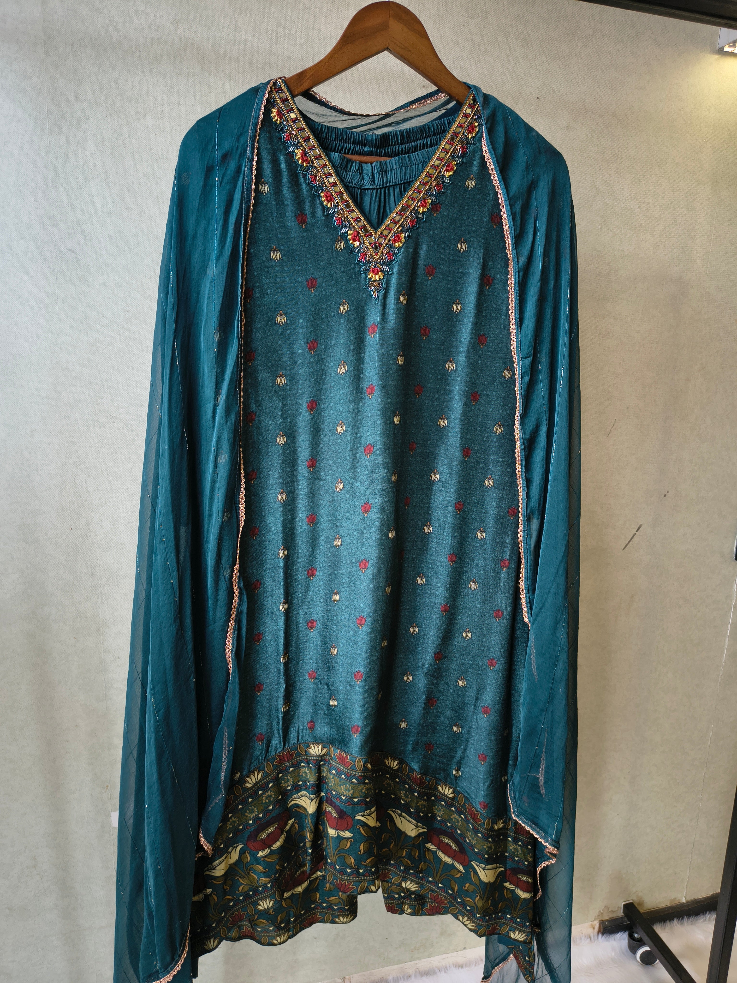 Image of Premium Teal Printed Straight Kurta with Palazzo & Dupatta Set
