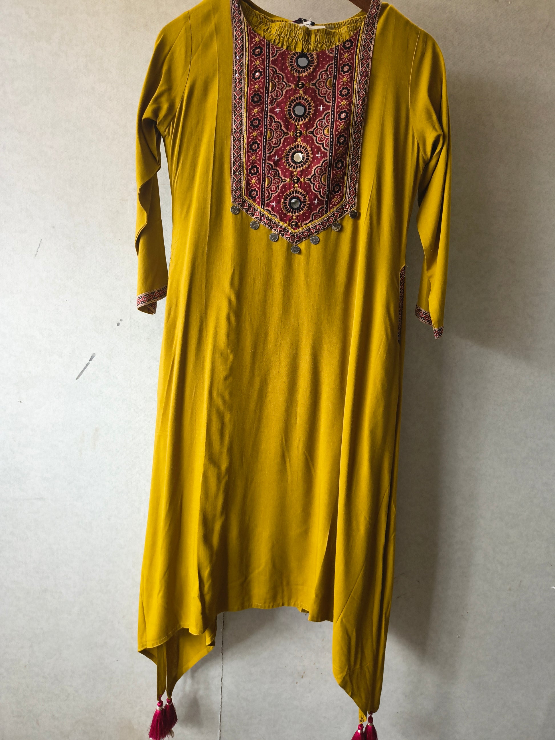 Premium Mustard Ethnic Printed Yoke Kurta Pant Co-Ord Set with Tassel Hem