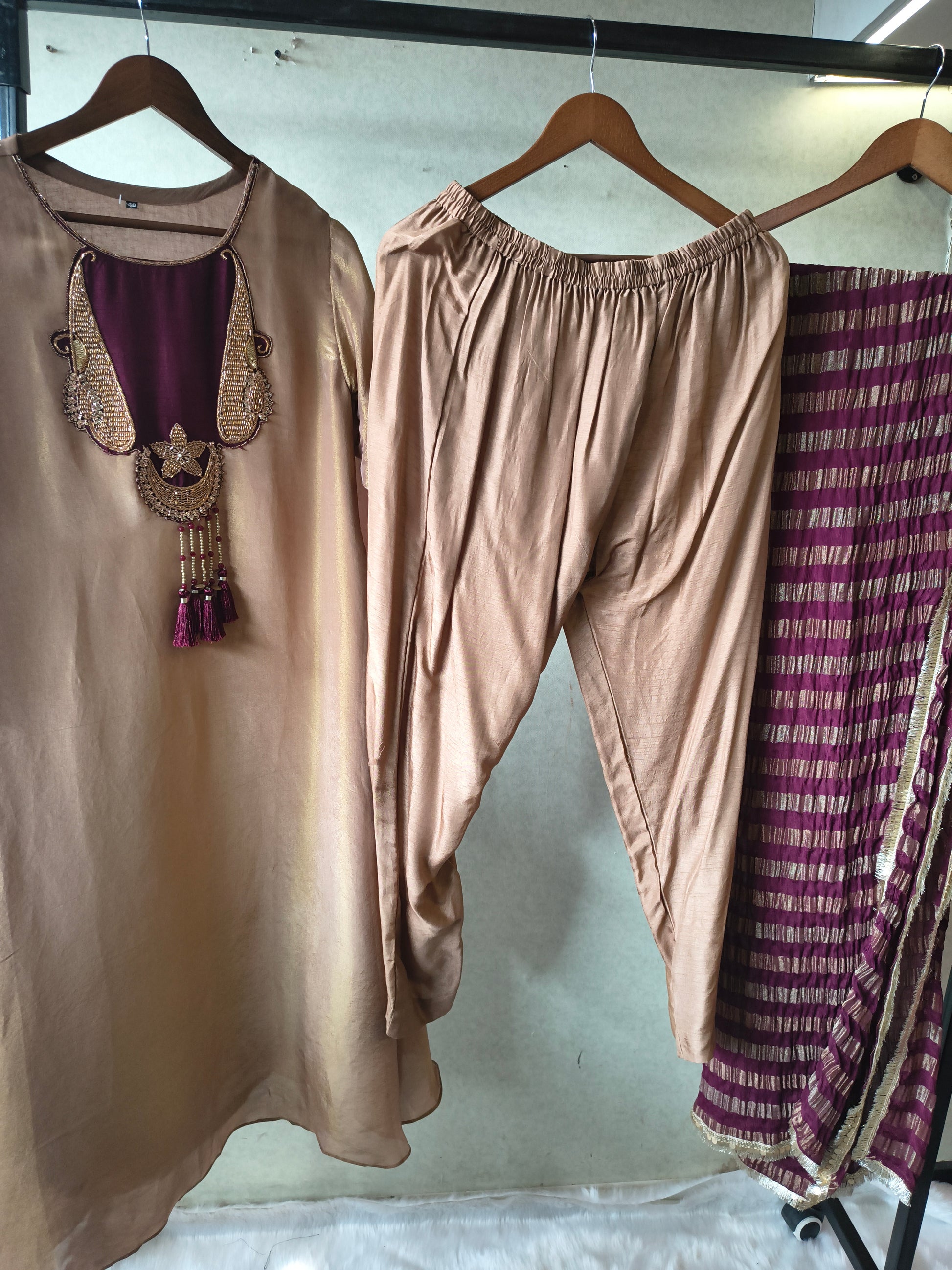 Champagne Gold Silk Blend Kurta Set with Statement Hand-Embellished Neckline & Striped Designer Dupatta – Premium 3 Piece Ethnic Ensemble