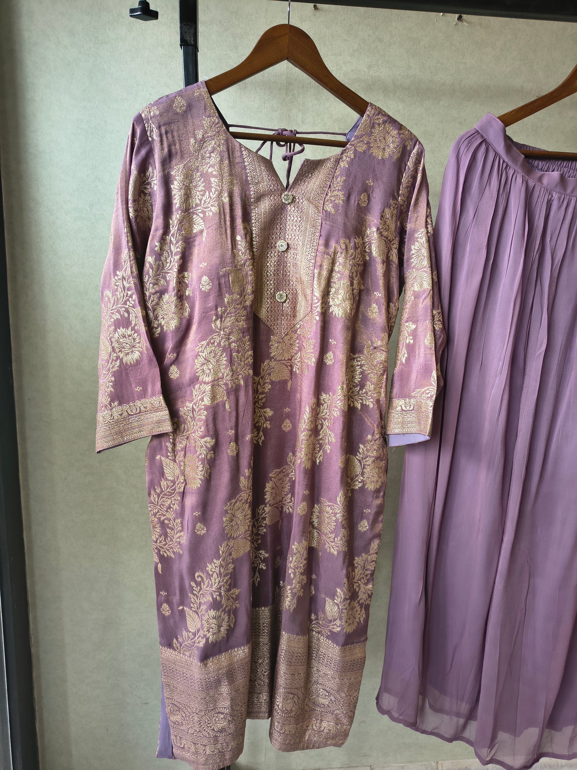 Premium Lavender Jacquard Straight Kurta with Georgette Sharara & Dupatta Set