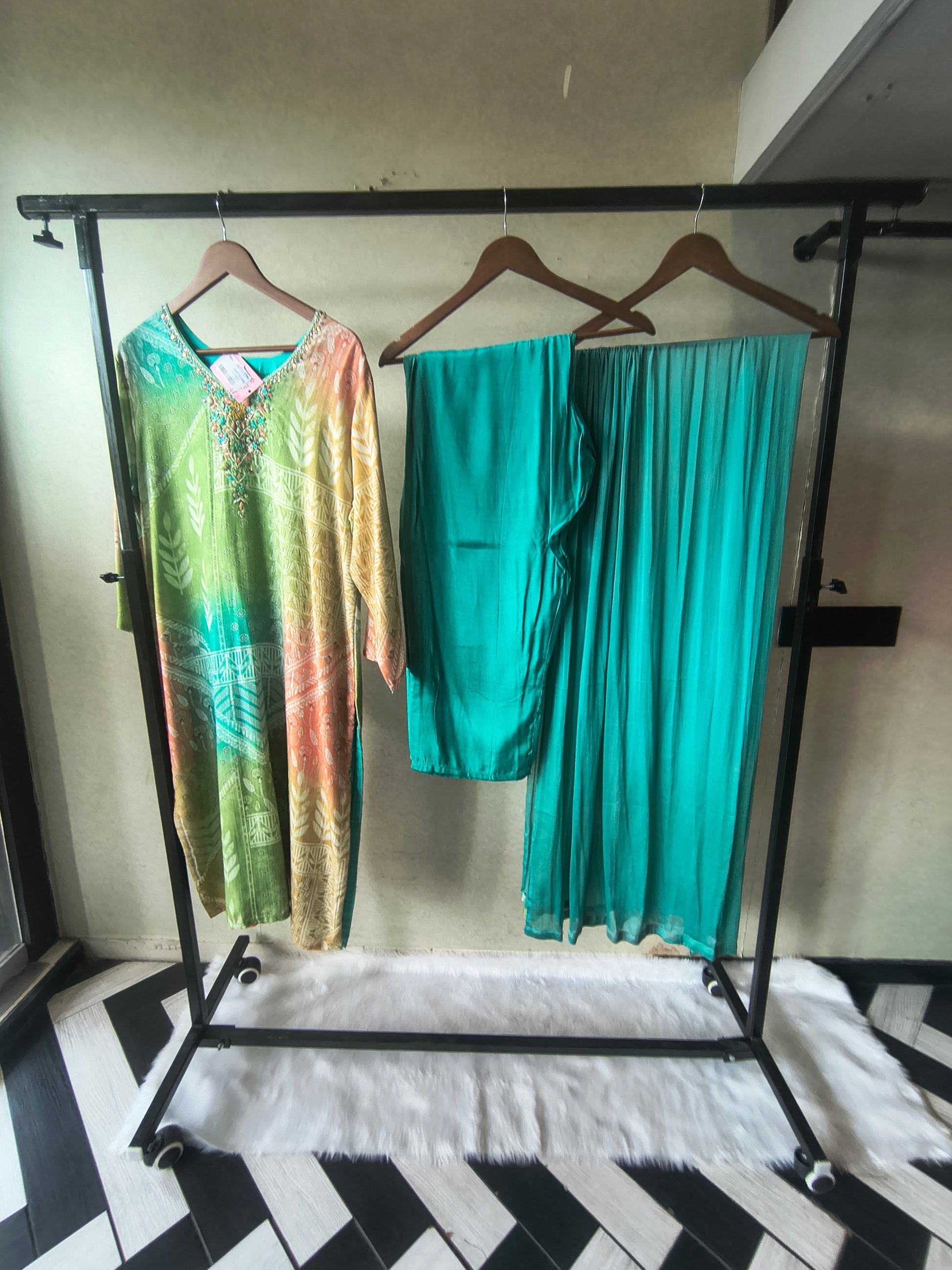 Premium Aqua Ombre Printed Kurta Set with Hand-Embellished Neckline, Solid Pants & Chiffon Dupatta