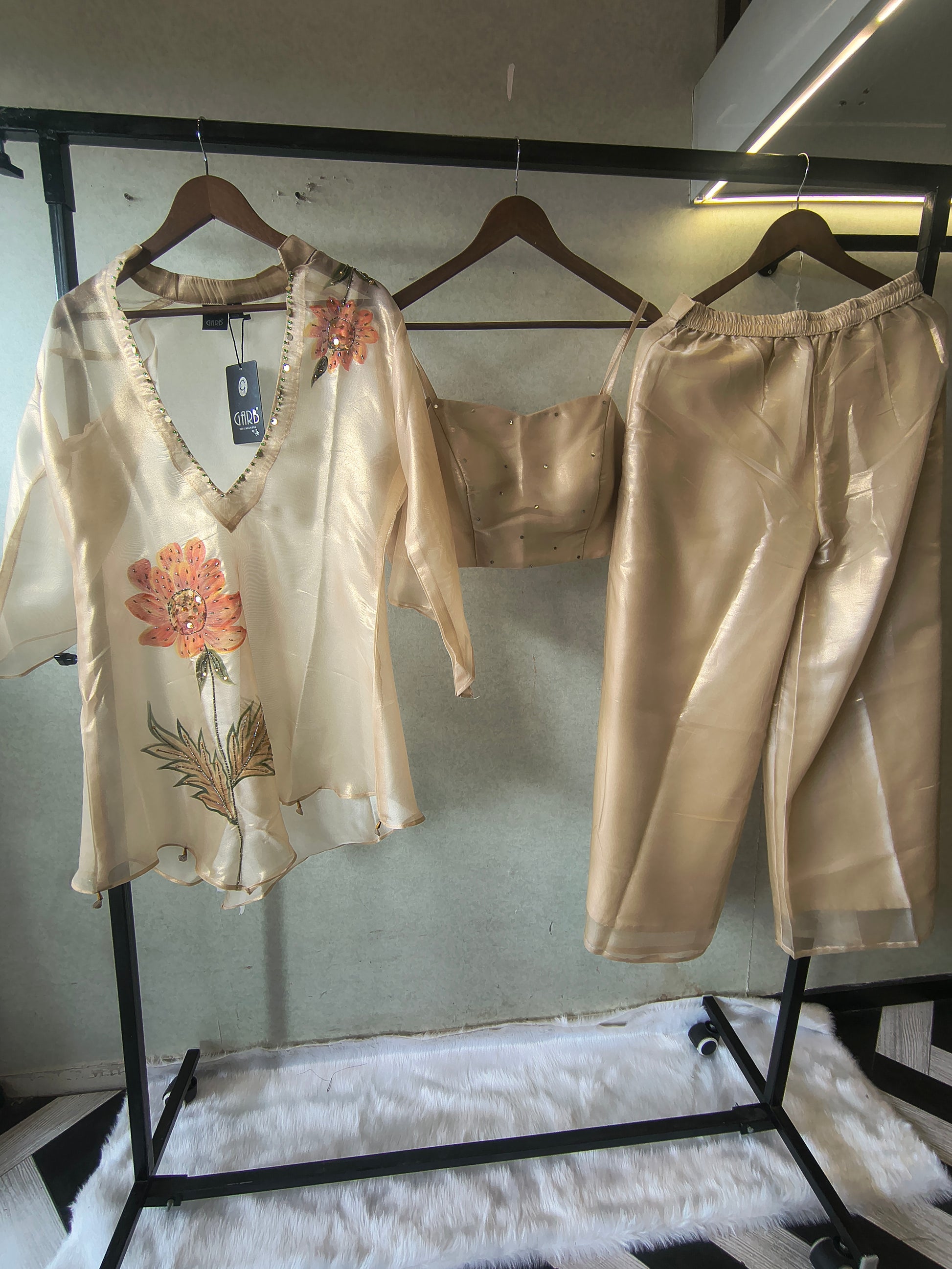 Champagne Gold Floral Hand-Painted Kaftan Co-ord Set with Embellished Blouse & Satin Palazzo