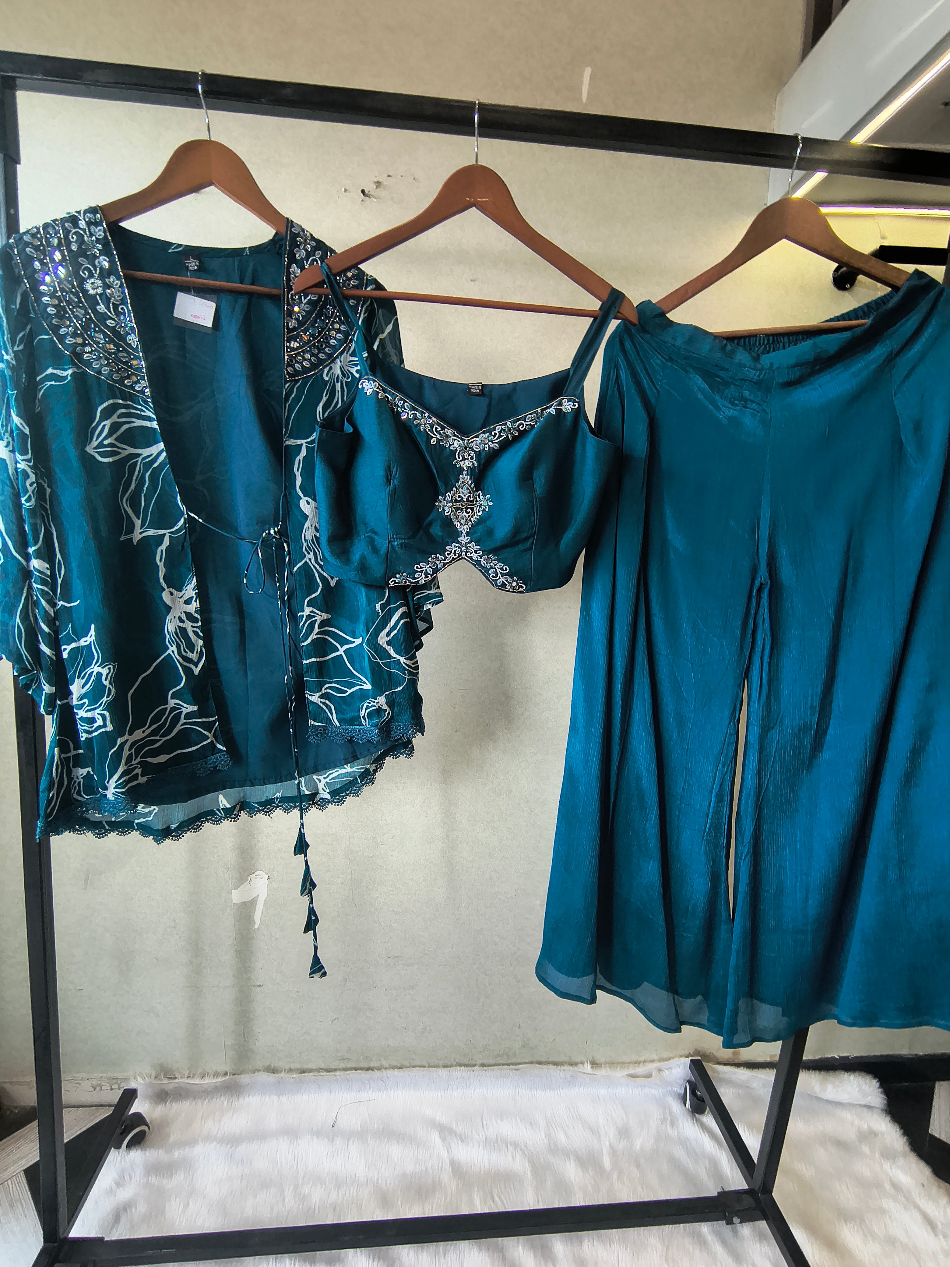 Image of Teal Printed Shrug with Embroidered Designer Bralette & Flared Palazzo – 3 Piece Indo-Western Co-Ord Set